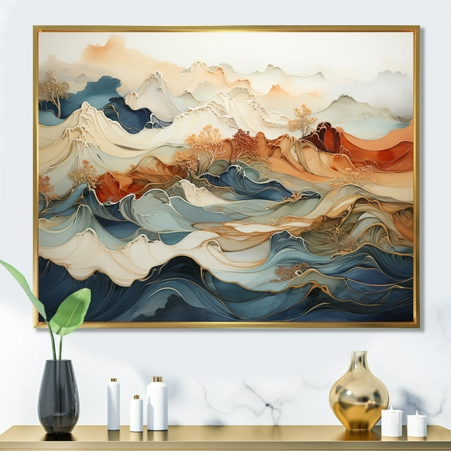 Designart "Vibrant River Ink Fusion III" Abstract Marble Floater Framed Canvas Wall Art