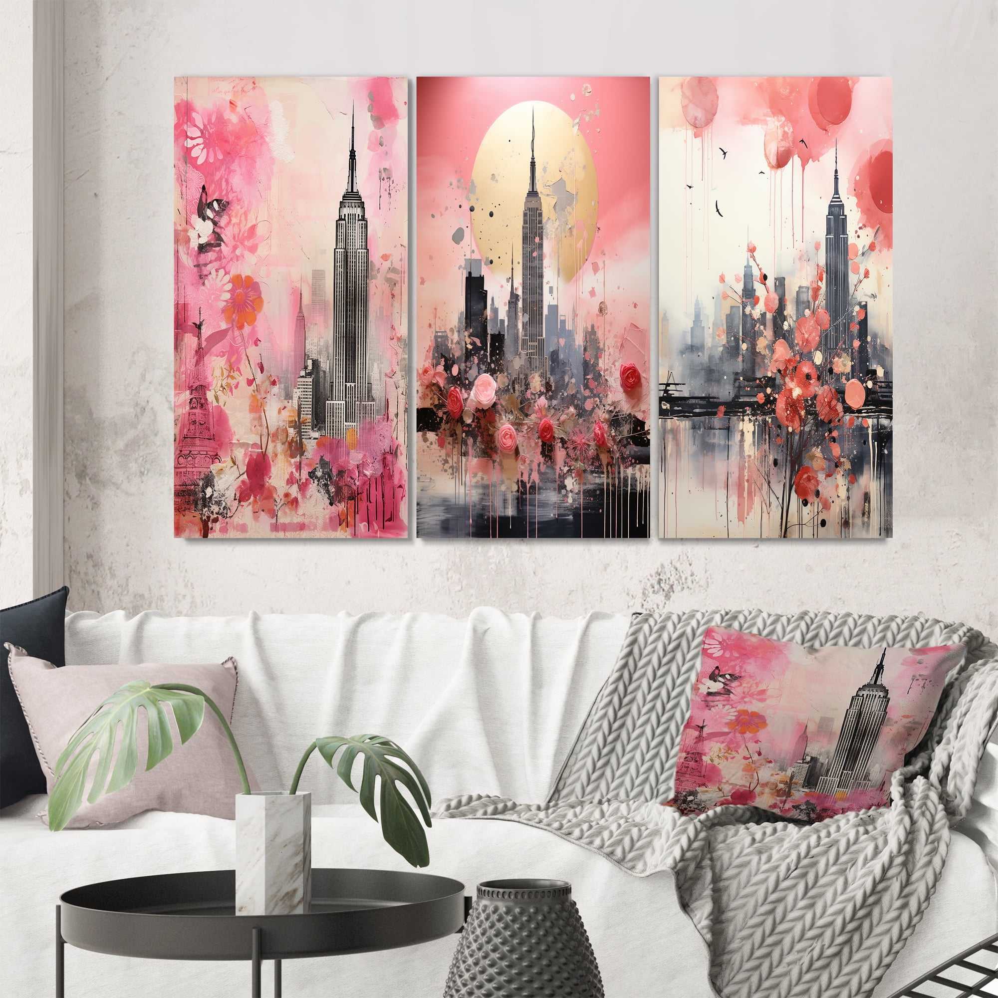 Designart "Vintage New York with Empire State Building II" City New York Wall Art Set Of 3 - New York Pink Gallery Set For Office Decor