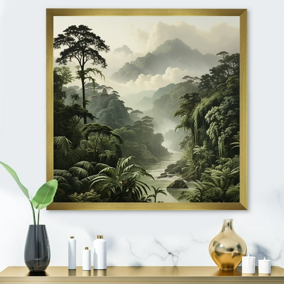 Designart "Susurros de la Jungla Vintage Ecos Del Tiempo I" Paisajes Enmarcados Decoración de Arte de Pared - Arte de Pared Enmarcado de Entrada de la Jungla Verde Tropical