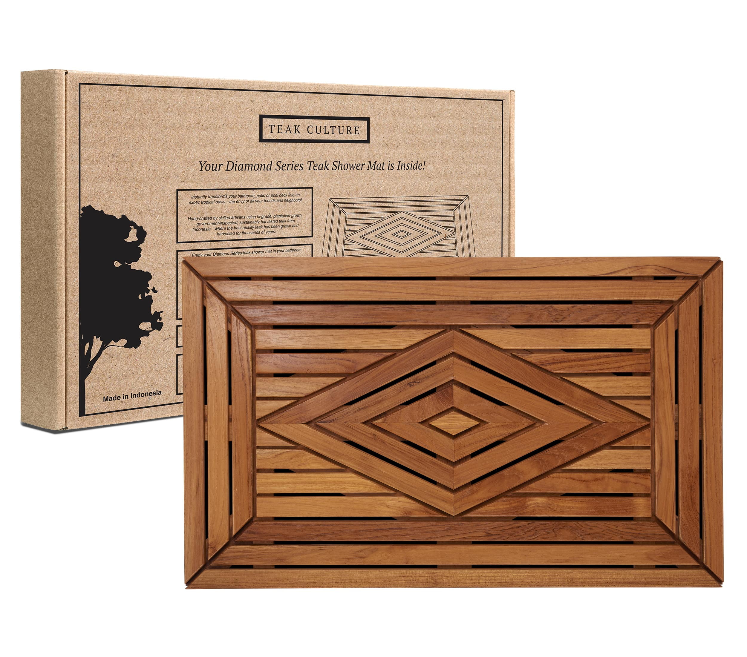 Large Teak Shower Mat with Diamond Design, 31.5 Inches