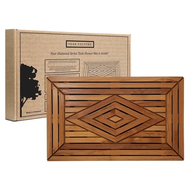 Large Teak Shower Mat with Diamond Design, 31.5 Inches