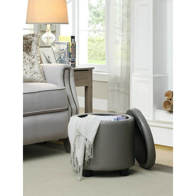 Designs4Comfort Round Accent Storage Ottoman with Reversible Tray Lid, Taupe Gray Faux Leather