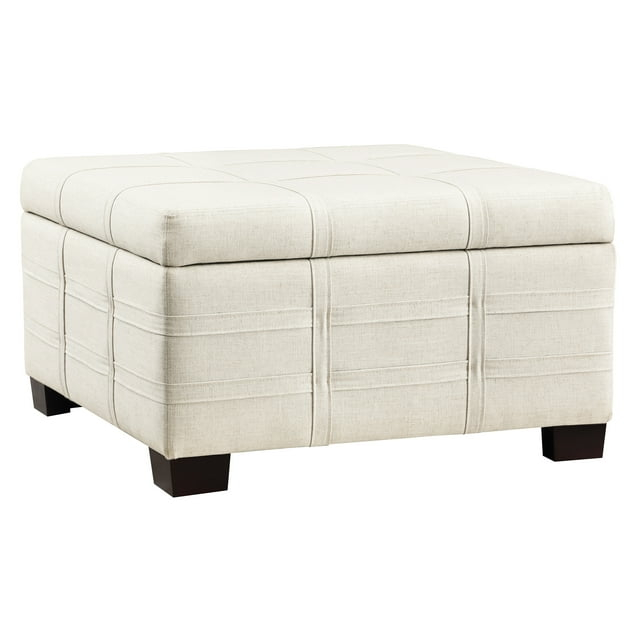 Detour Strap Square Storage Ottoman in Linen White Fabric