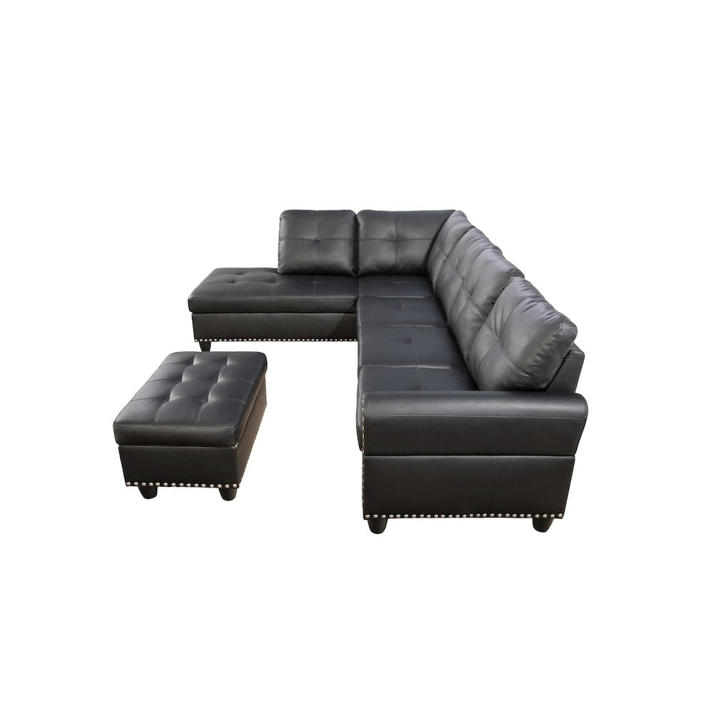 Devion Furniture Contemporary Faux Leather Nailhead Trim L Shaped Sectional Sofa Set Black