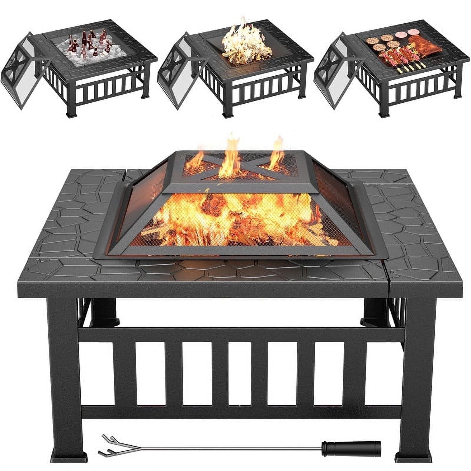 Devoko Outdoor 32" Square Metal Fire Pit with Cover and Poker, Black