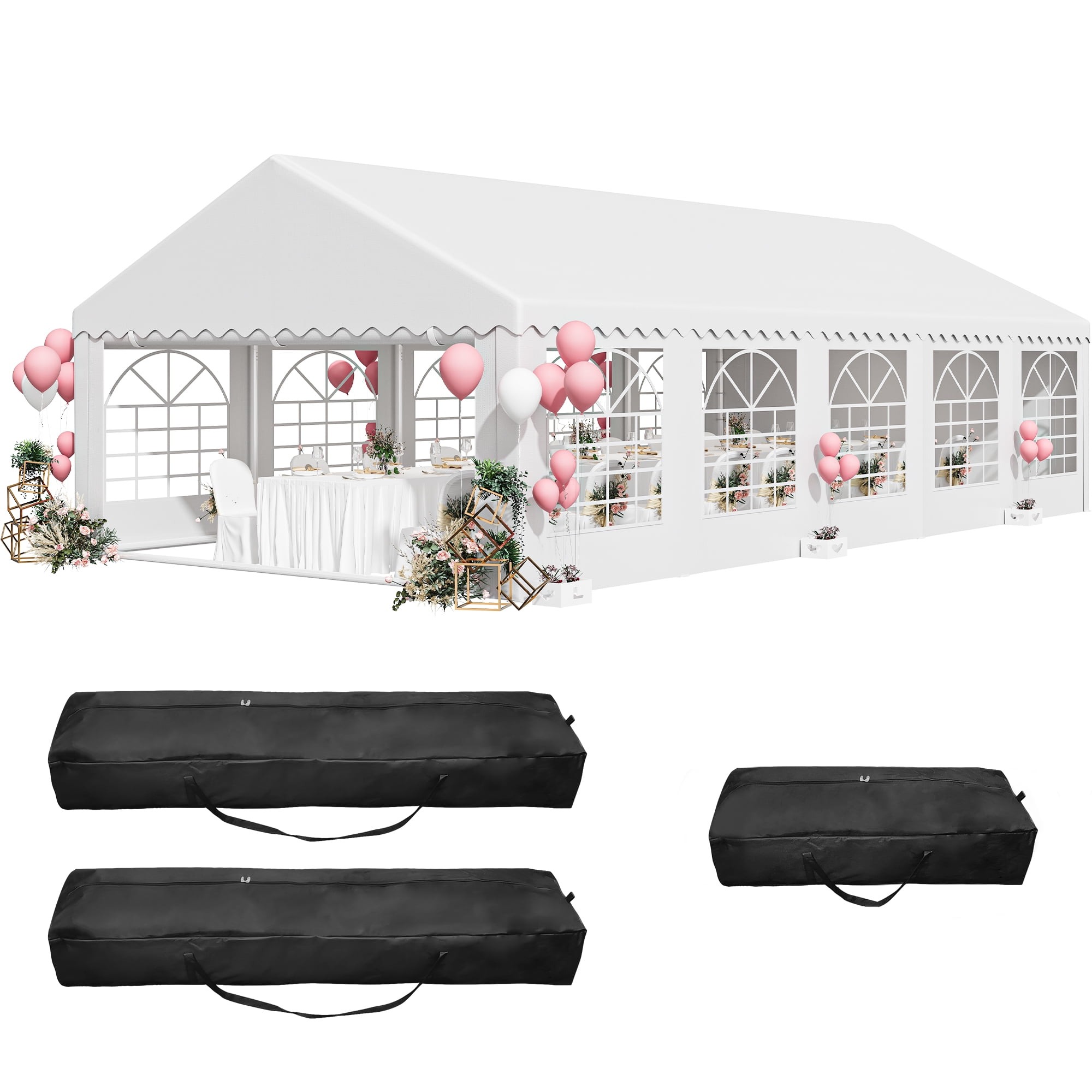 Dextrus 16x32FT Party Tent Heavy Duty PVC Wedding Event Shelters White Upgraded Galvanized Ripple Canopy with Large Roof Removable Sidewalls & 3 Storage Bags 600D Oxford Commercial