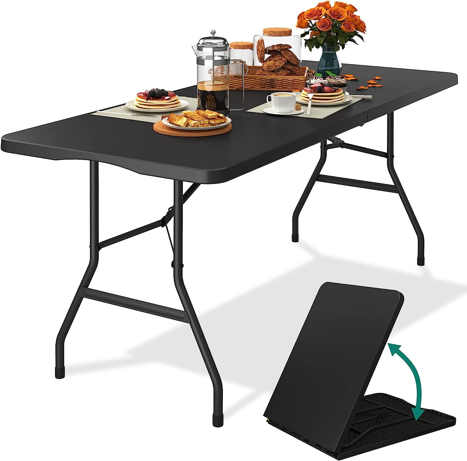 Folding Table 6 Foot,  Heavy-Duty, Portable Plastic Construction with Carrying Handle – Perfect for Picnics, Parties, and Office Indoor Outdoor Use, White