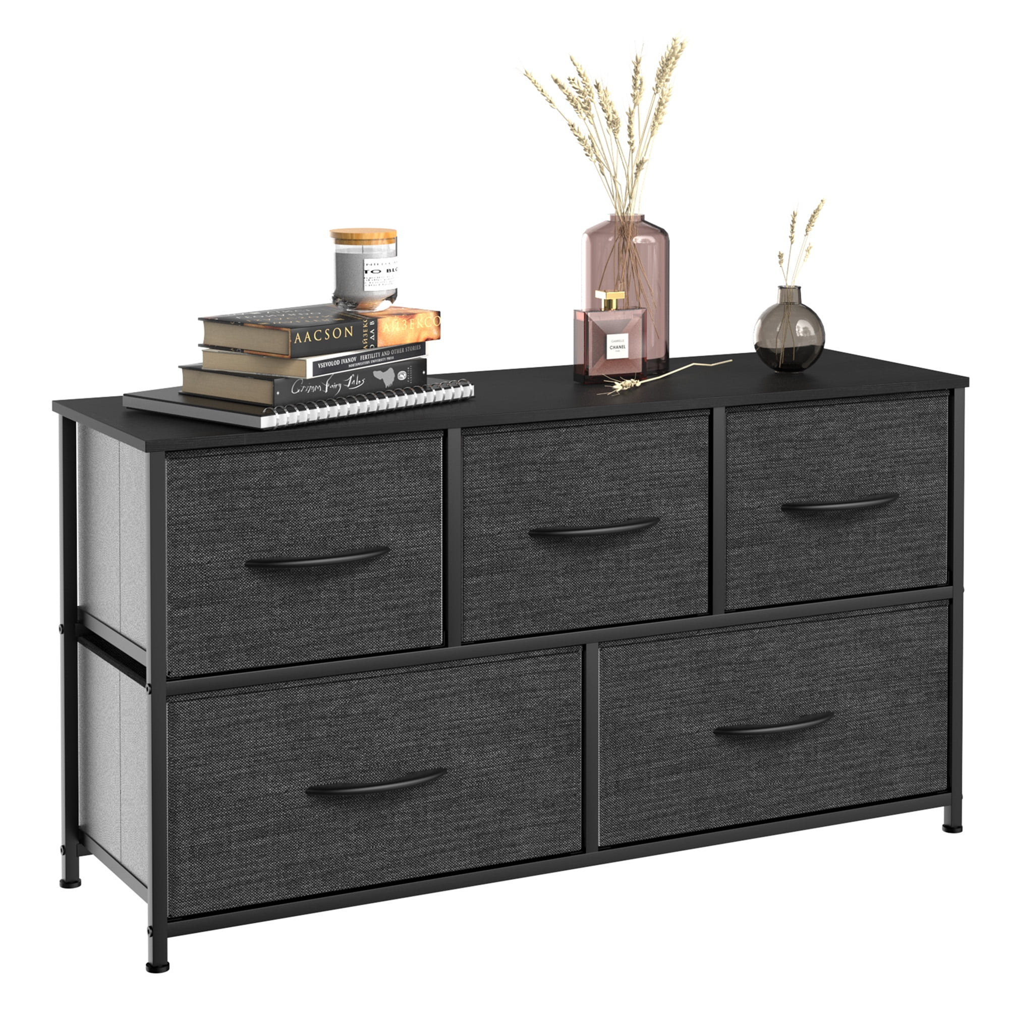 DEXTRUS Black Grey 5-Drawer Wide Storage Dresser with Wooden Top for Closets, for Adults & Teens
