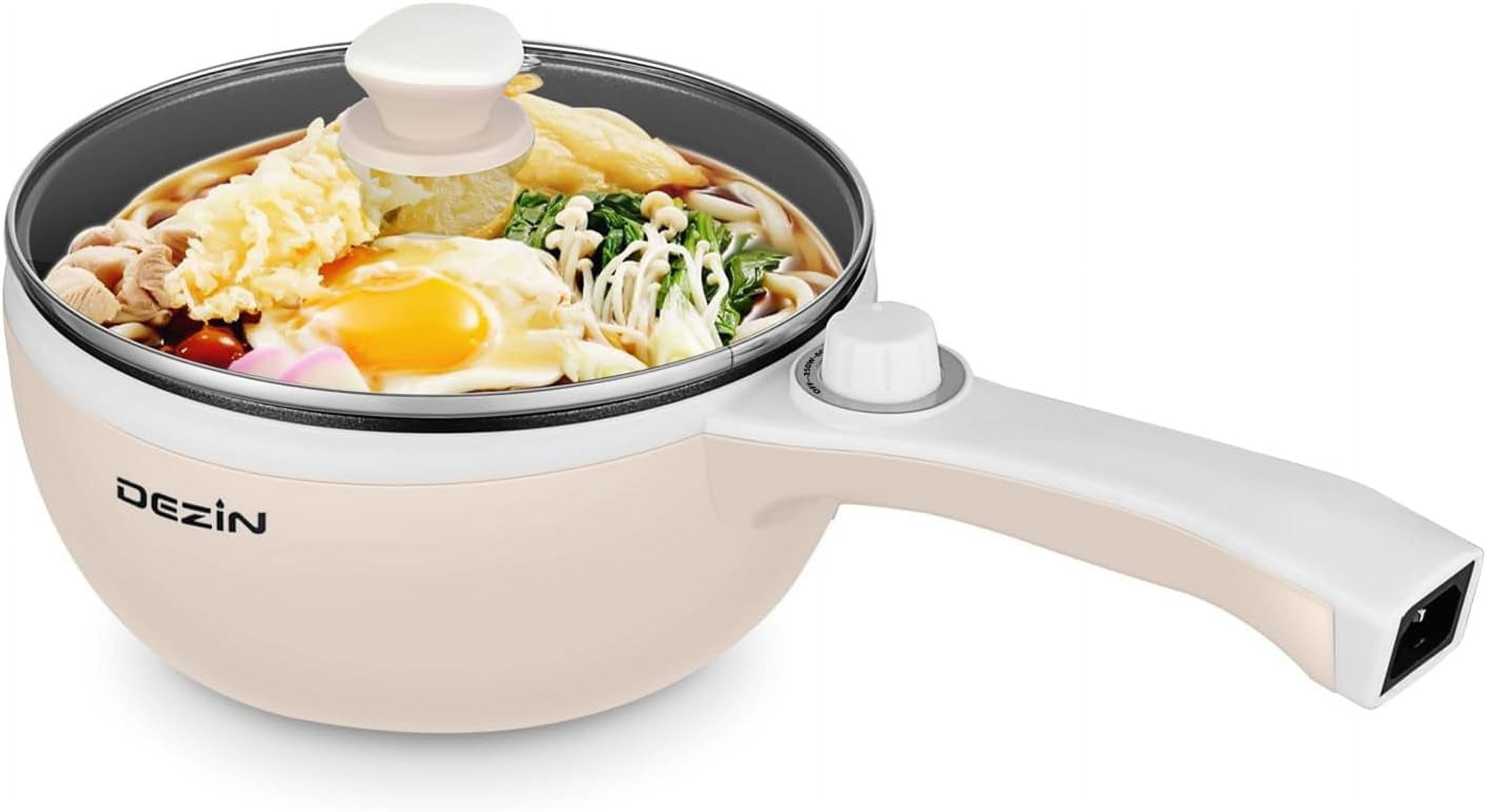 Dezin Electric Hot Pot Upgraded, Non-Stick Sauté Pan, Rapid Noodles Cooker, 1.5L Mini Pot for Steak, Egg, Fried Rice, Ramen, Oatmeal, Soup with Temperature Control, Beige (Egg Rack Included)