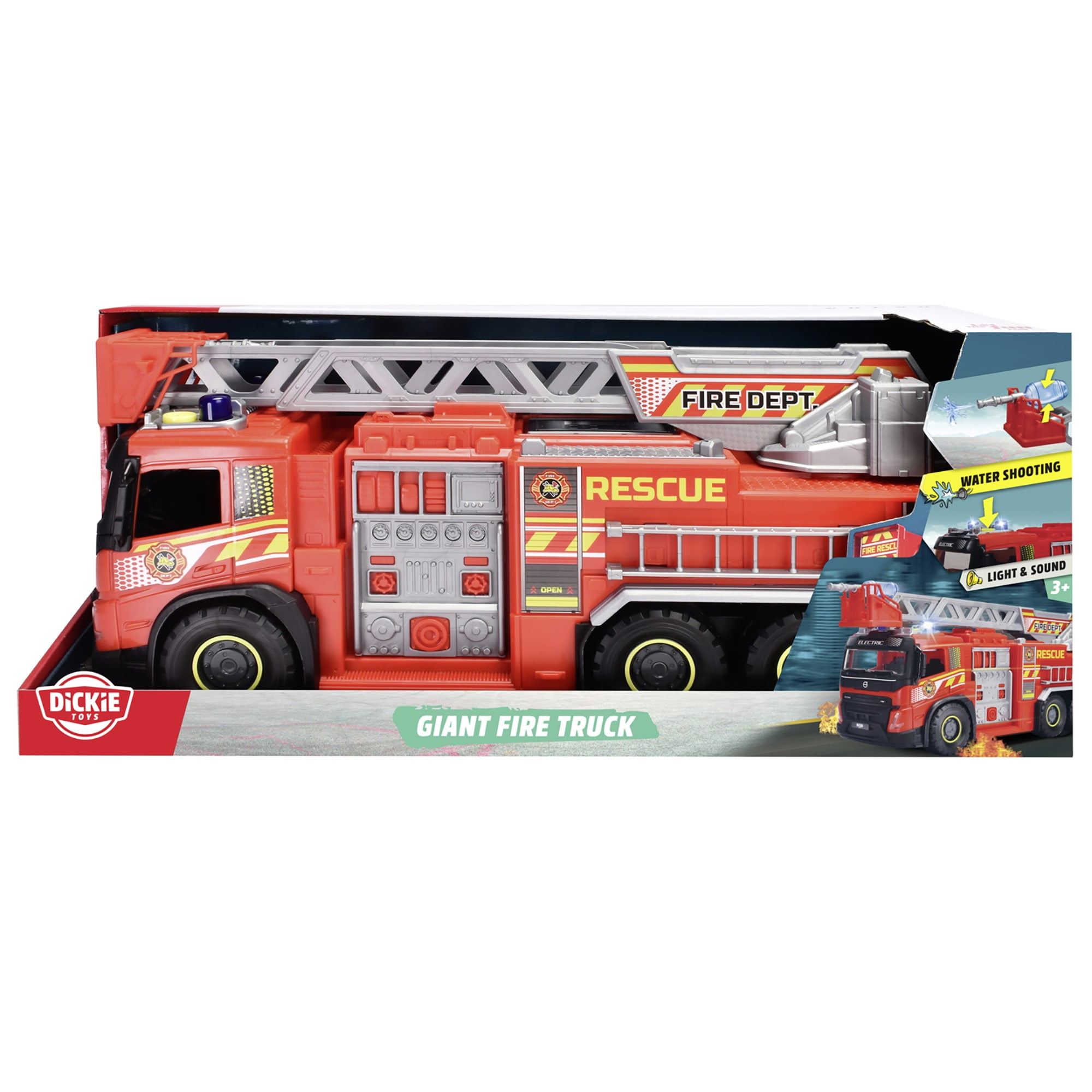 Dickie Toys: Giant Fire Truck - Red - 22" Volvo FMX Rescue Vehicle, Light & Sound, Ladder, 2 Water Shooting Bottles, Freewheel Toy, Kids Ages 3+