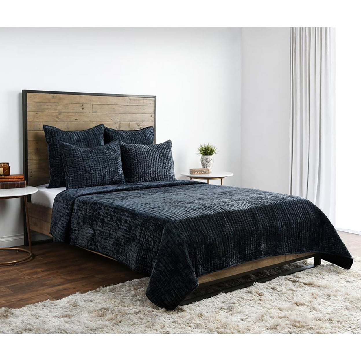 Dimitry Rayon Velvet Ocean Blue King Quilt By Kosas Home
