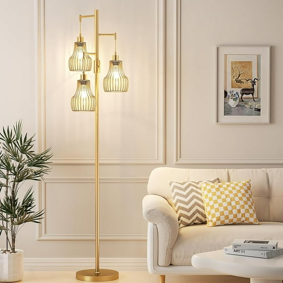 Dimmable Gold Floor Lamps for Living Room, Industrial Tree Standing Tall Lamps with 3 Elegant Cage Shade & 800 Lumens LED Bulbs for Bedroom Office