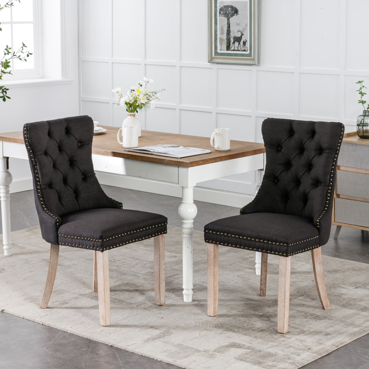 Dining Chairs Set of 2, Linen Upholstered Kitchen Chairs with Button Tufted Design, Armless Side Chairs Accent Chair for Living Room, Black