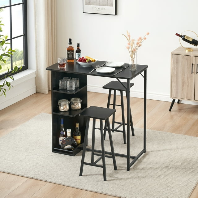 Dining Table Set for 2, Small Bar Table and Chairs Set, 3-Piece Bar Table Set with 3 Tier Storage Shelves, Space Saving Table Set for Small Apartment, Living Room, Kitchen, Dining Room