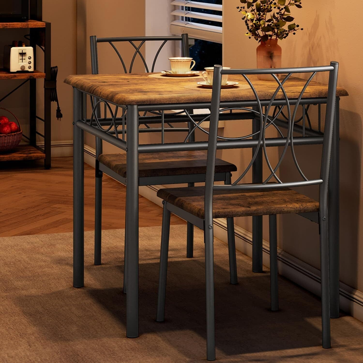 Small Kitchen Table and Chairs for 2 Compact Dining Table Set Rustic Brown Square Apartment Furniture for Small Spaces