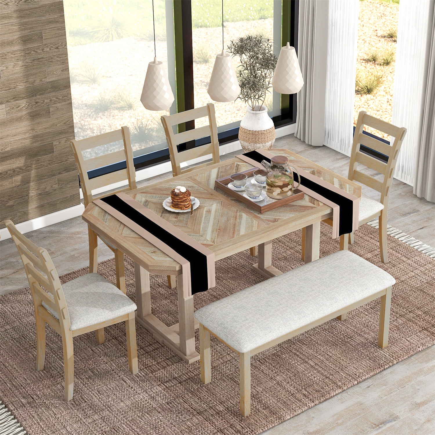 Dining Table Set for 6, 6 Piece Wood Kitchen Table Set, Dining Table and Chairs Set, Home Furniture Table Set with Chairs & Bench, Natural Wood Wash