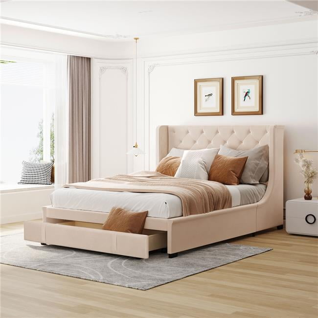 Bellemave Queen Upholstered Platform Bed Frame with Drawer, Storage Bed With Tufted Wingback Headboard, Beige