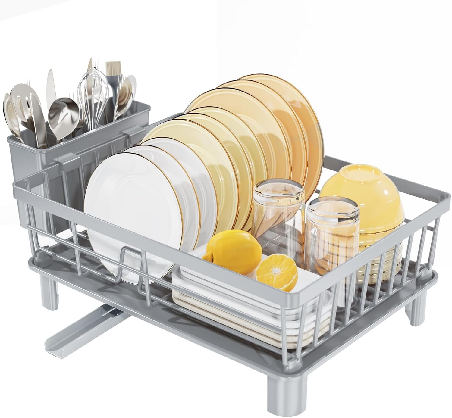 iSPECLE Dish Drying Rack with Drainboard - Dish Racks for Kitchen Counter, Rust-Resistant Compact Dish Drainer with Utensil Holder, Drain Spout and High Feet on Drip Tray, Black