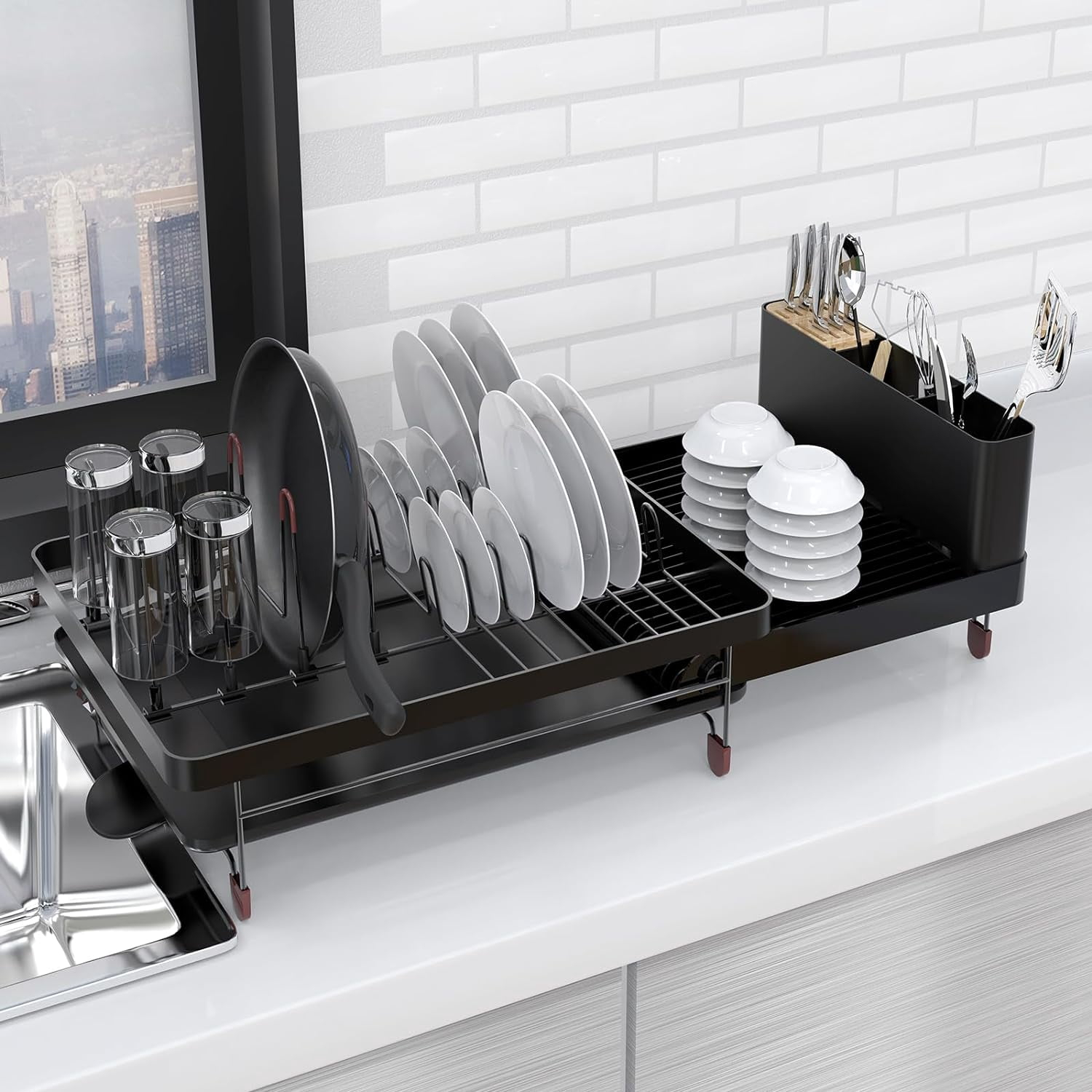 Dish Drying Rack, Extendable Dish Rack, Cutlery Holder, Knife Holder and Pot Holder