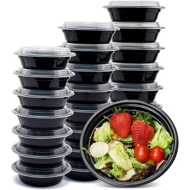Diska NuLife 48oz Round Food Container 50 Pcs | Black PP Polypropylene Containers With Lids For Storage | Microwave & Freezer Safe | Eco-Friendly, BPA-Free