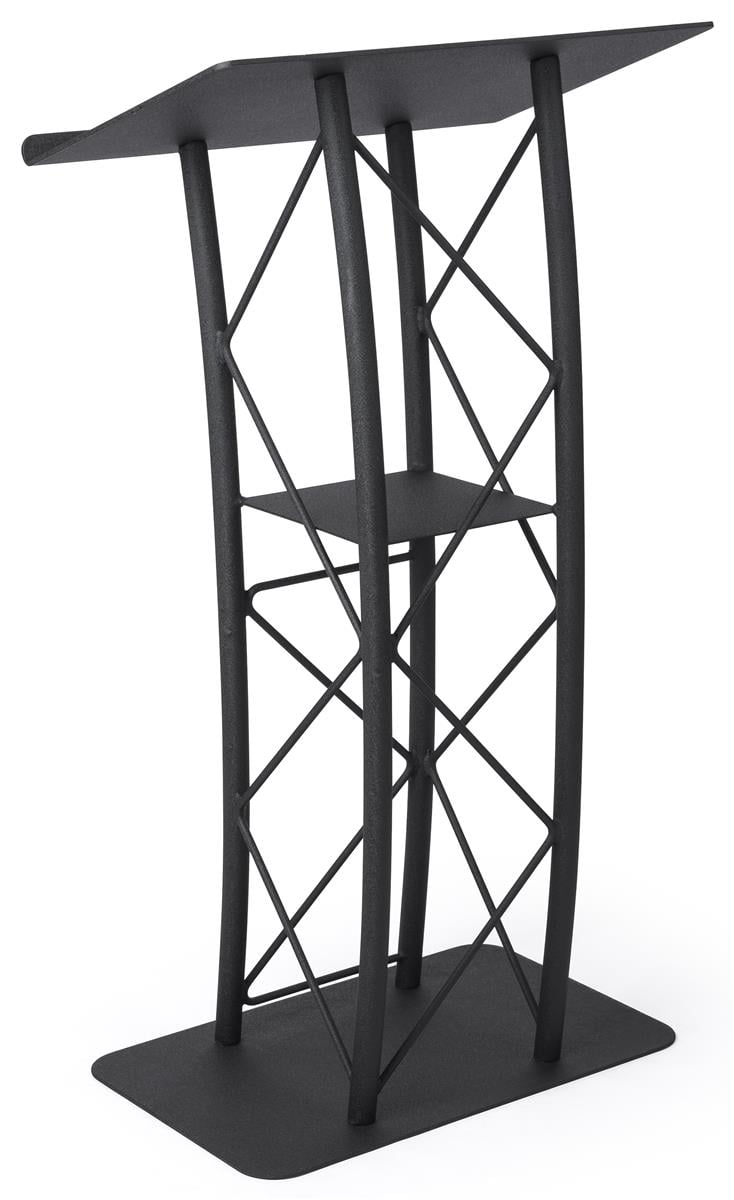 Displays2go Black Aluminum and Steel Truss Lectern with Curved Design (LCTTACBK)