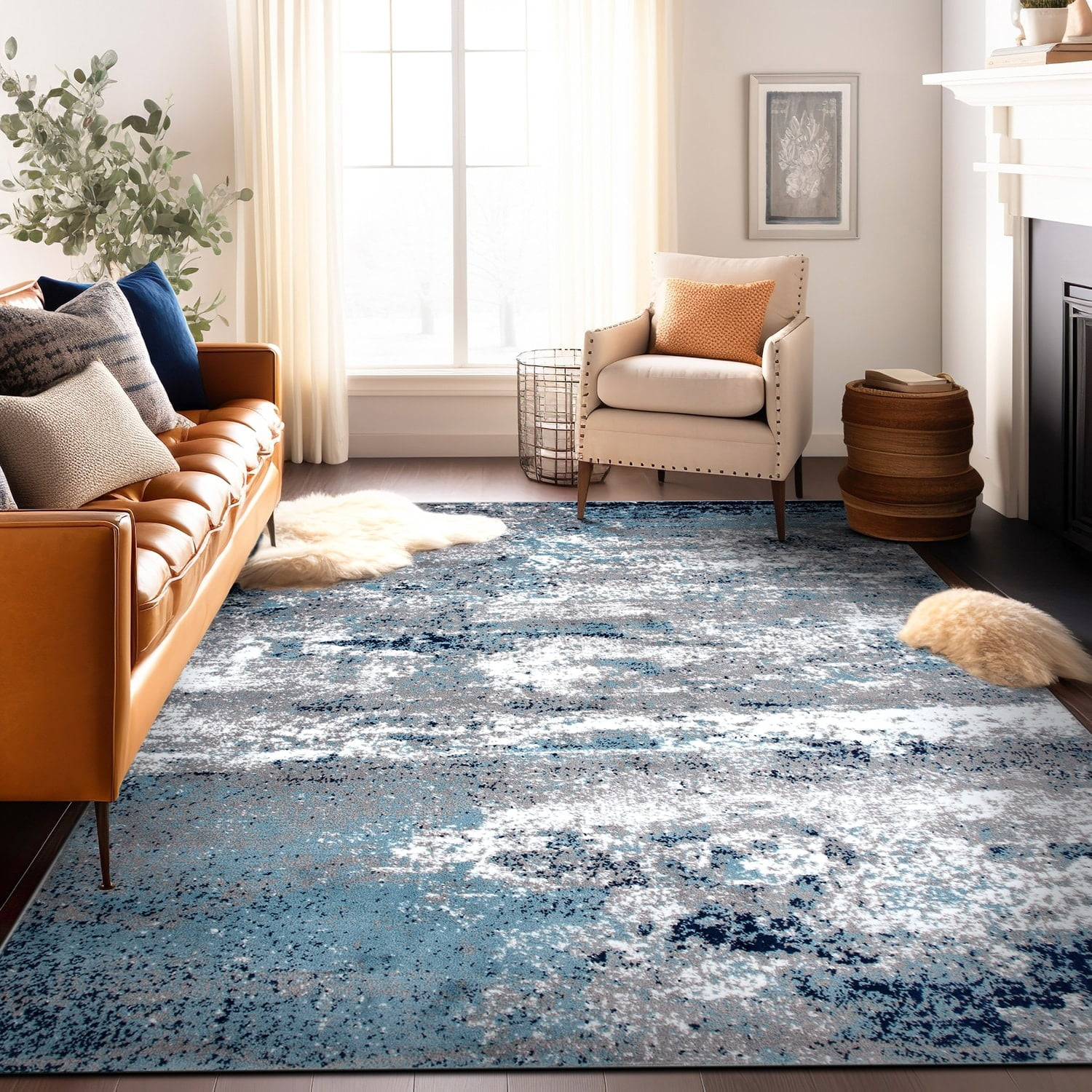 World Rug Gallery Distressed Abstract Watercolor Blue 7'10" x 10' Area Rug