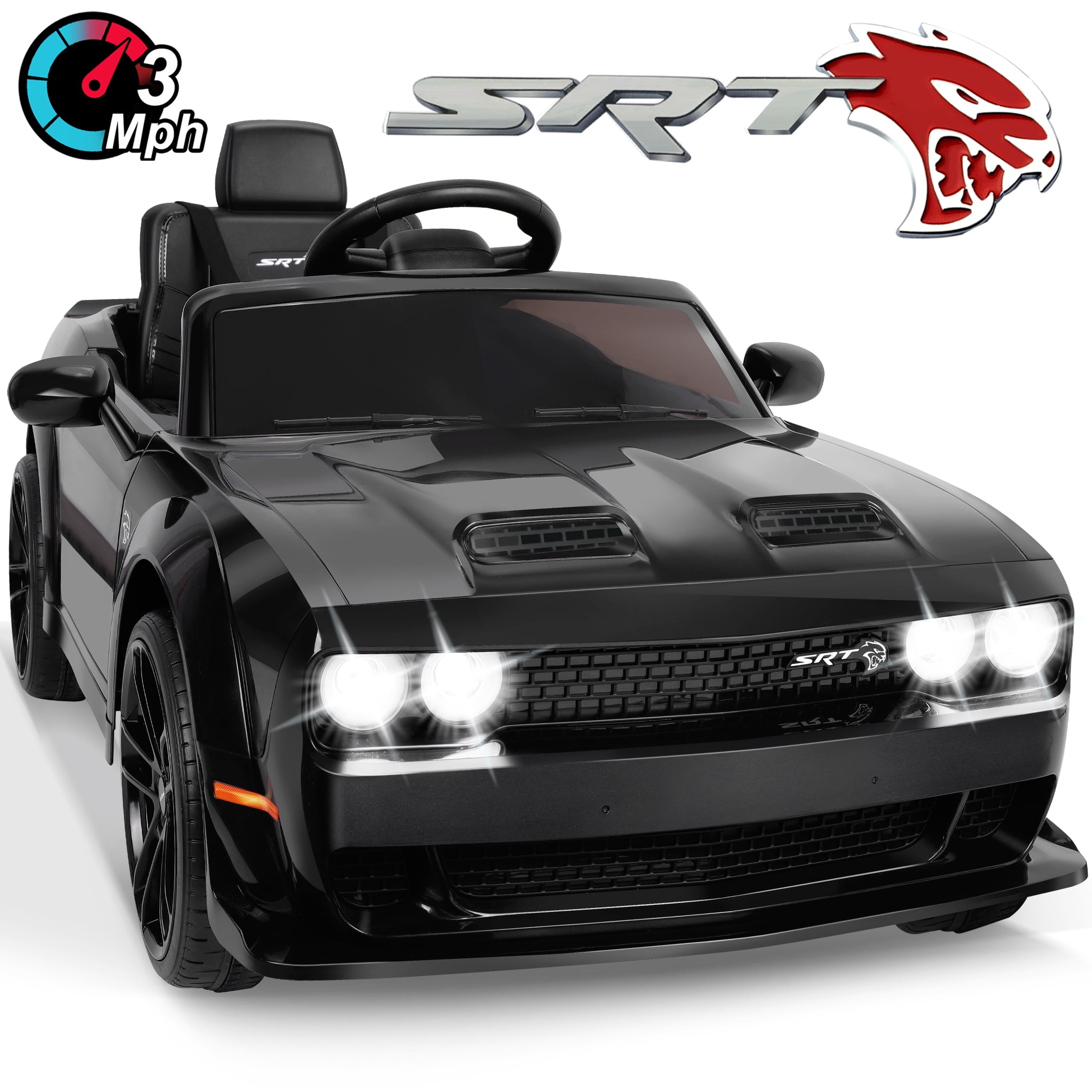 Kids Ride on Car with Remote Control, 12V Licensed Dodge Challenger SRT Ride on Toy, Electric Car Vehicle with Bluetooth, LED Lights, Horn, Battery Powered Toy Car for Boys Girls, Black, D5314