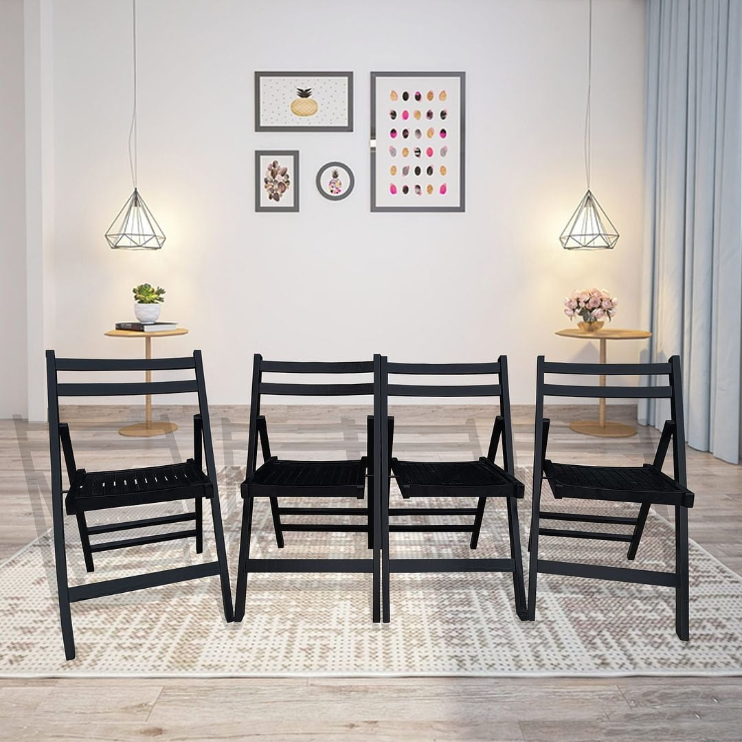 4 Pack Wooden Folding Chair, Foldable Dining Chair Set with Solid Wood Slatted Seat and Open Back, Outdoor/Indoor Portable Event Chair Wedding Chair for Dining Room Kitchen Balcony Garden, Black