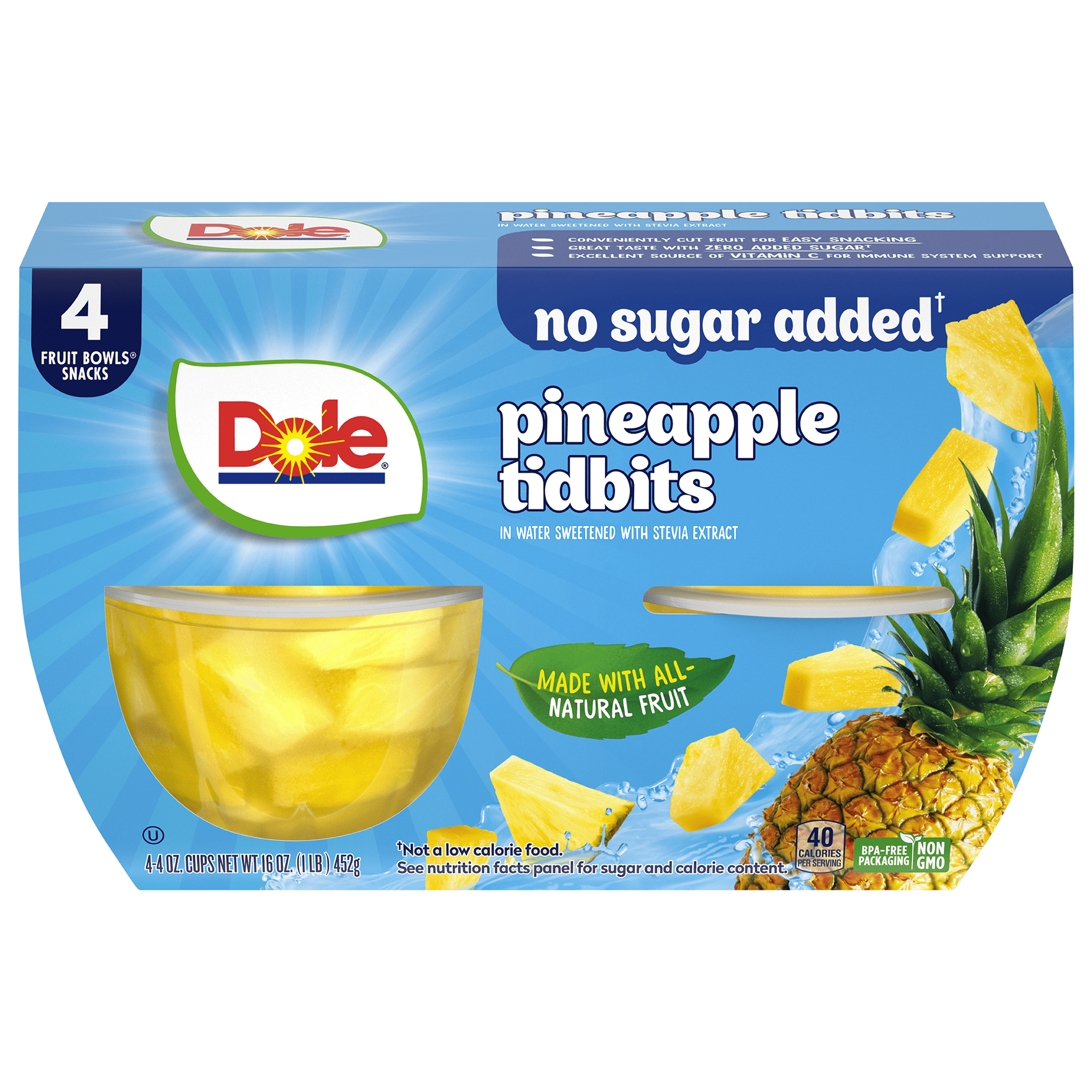 Dole Fruit Bowls No Sugar Added Pineapple Tidbits in Water, 4 oz Cups (4 Pack)