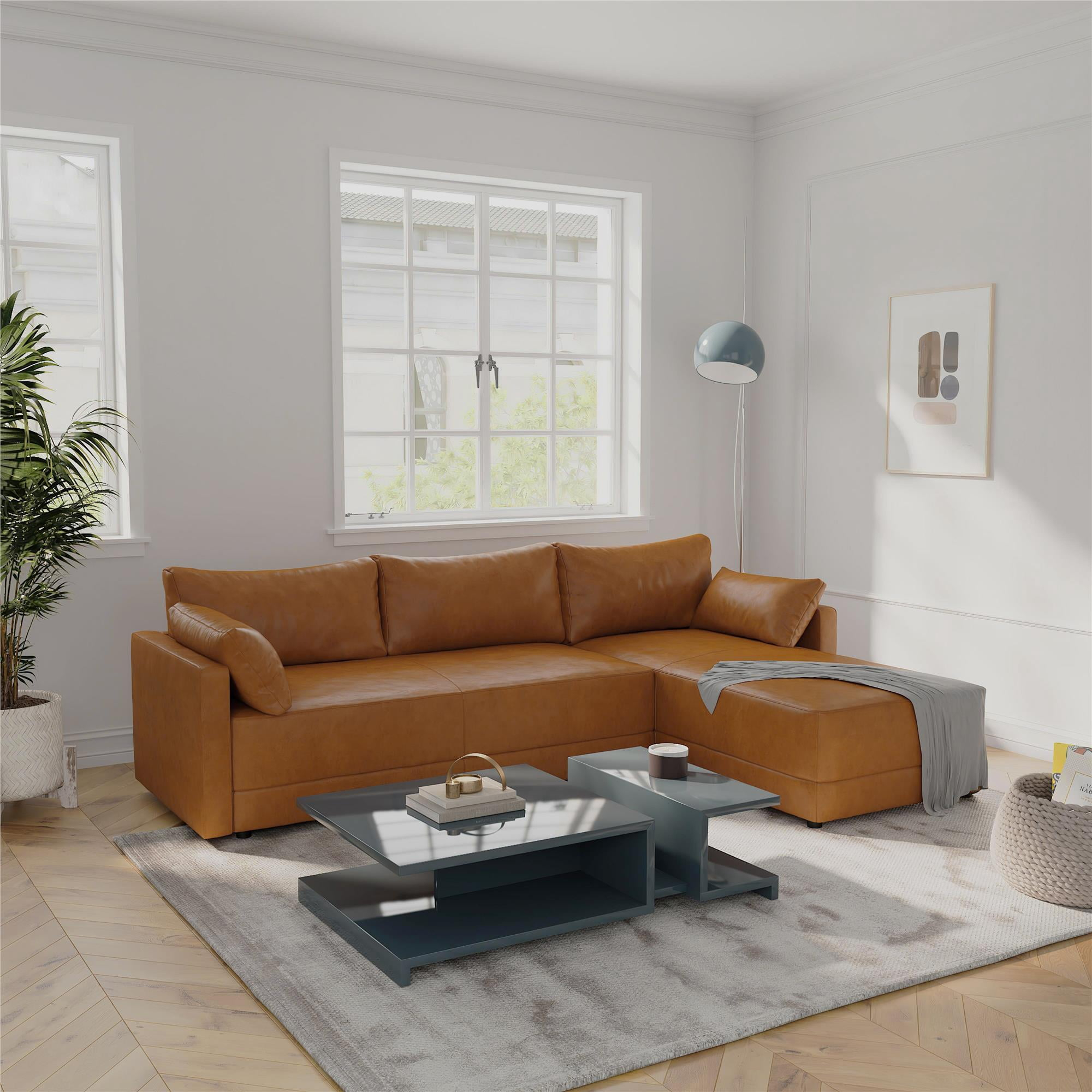 Dorel Living Kindra Sectional Sofa, Camel Faux Leather