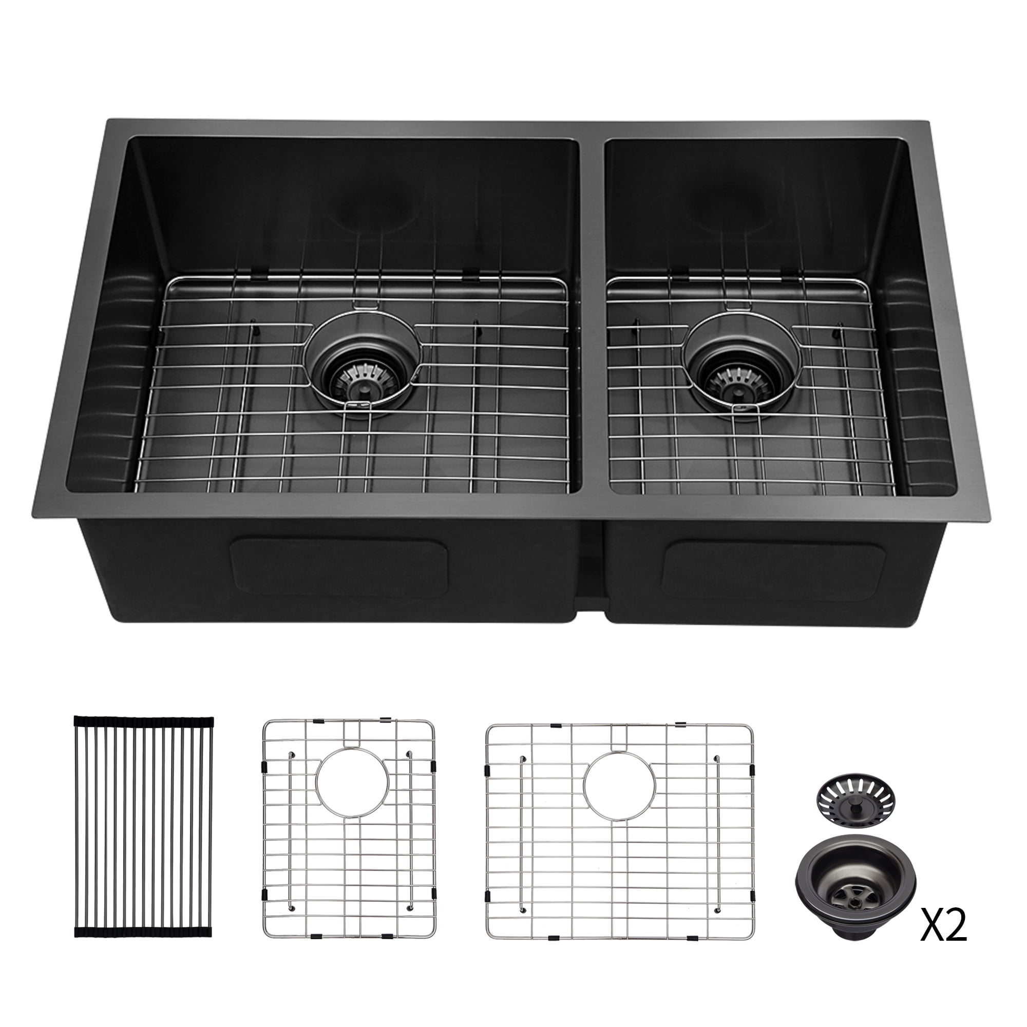 Double Bowl (60/40) Undermount Sink, 33"x19" Gunmetal Black Double Bowl Kitchen Sink 16 Gauge with Two 10" Deep Basin, X Grooves Engineered for Easy Draining