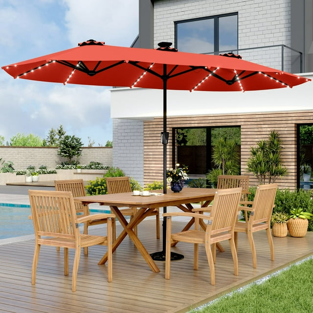MAISON ARTS  Double-Sided 13-foot Twin Outdoor Market Crank Umbrella with Colored LED Lights Red-Colored lights