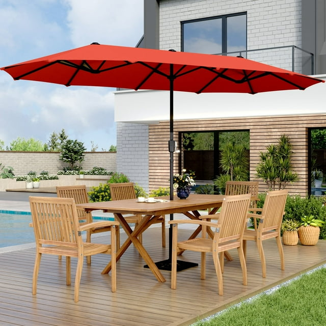 MAISON ARTS  Double-Sided 13-foot Twin Outdoor Market Crank Umbrella with Colored LED Lights Red-No Lights