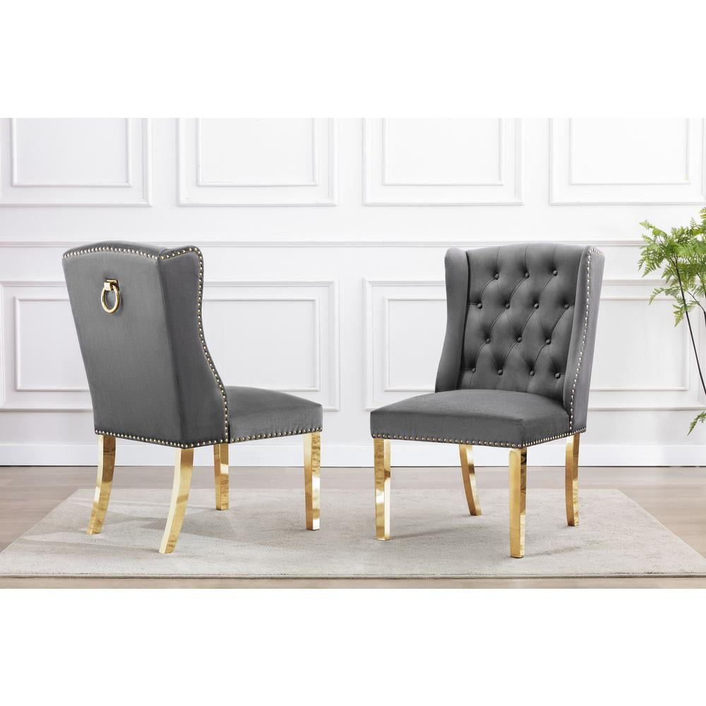 Double Tufted Gray Velvet Side Chairs with Gold Stainless Steel Legs