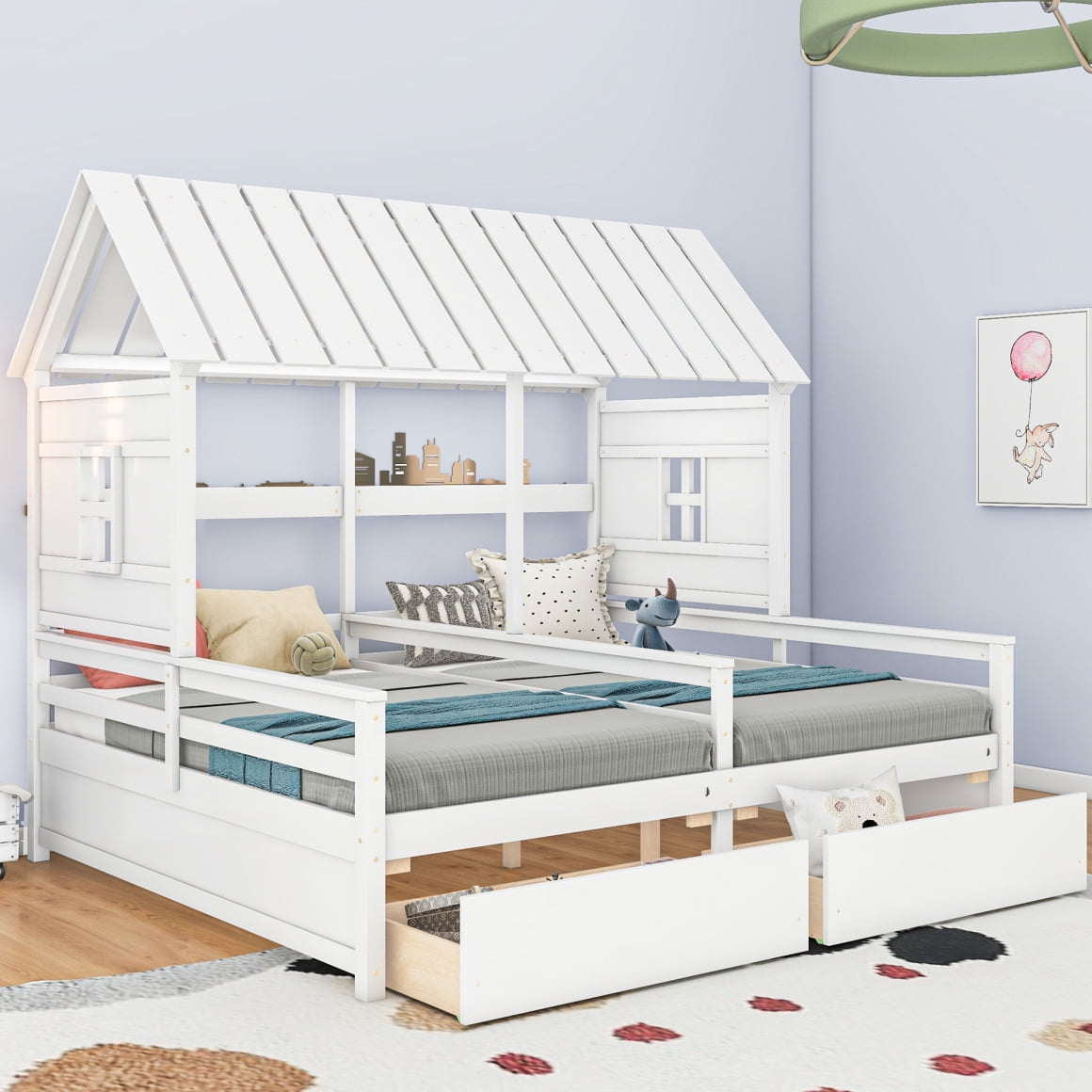 Double Twin Size House Bed with Lath Roof, 2 Windows, Montessori House Bed Frame Combination of 2 Side By Side with 2 Drawers & Safety Guardrail, Solid Wood Platform Bed Frame for Kids Teens, White