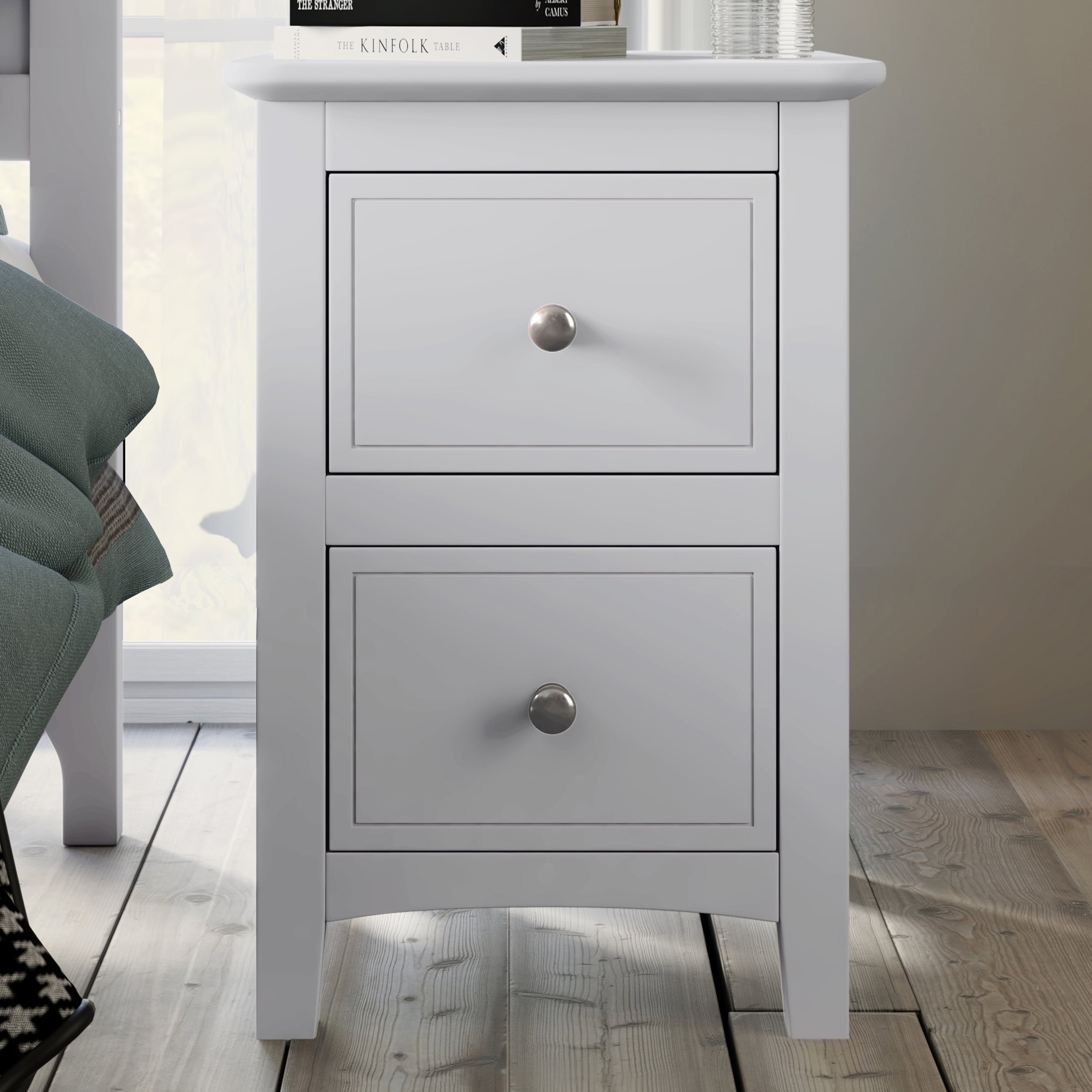 White Pine Wood 2 Drawer Nightstand with Nickel Pulls