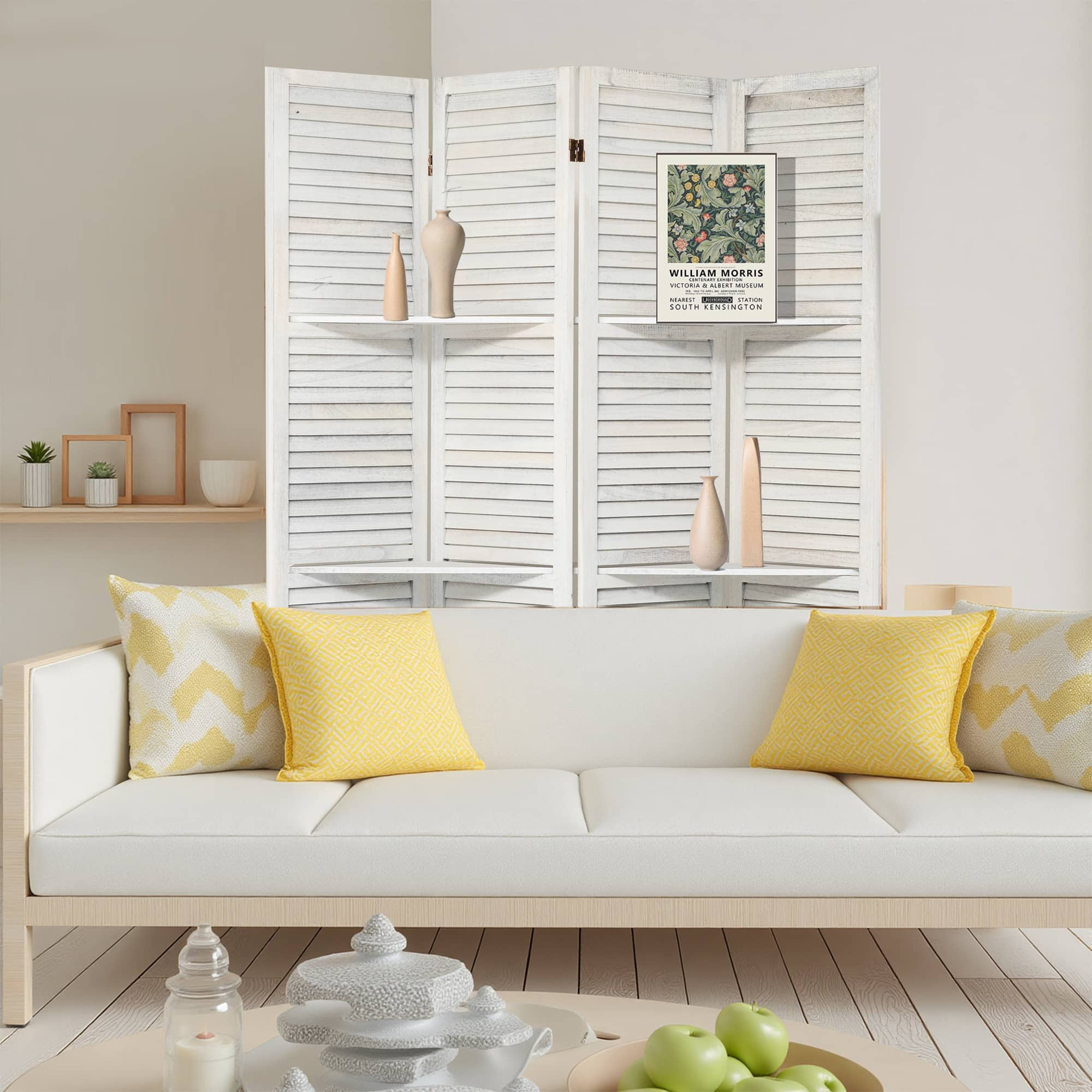 Dovelina 4 Panel Room Divider with Shelves, 5.6Ft Portable Wood Room Partitions, White
