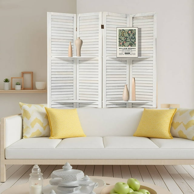 Dovelina 4 Panel Room Divider with Shelves, 5.6Ft Portable Wood Room Partitions, White