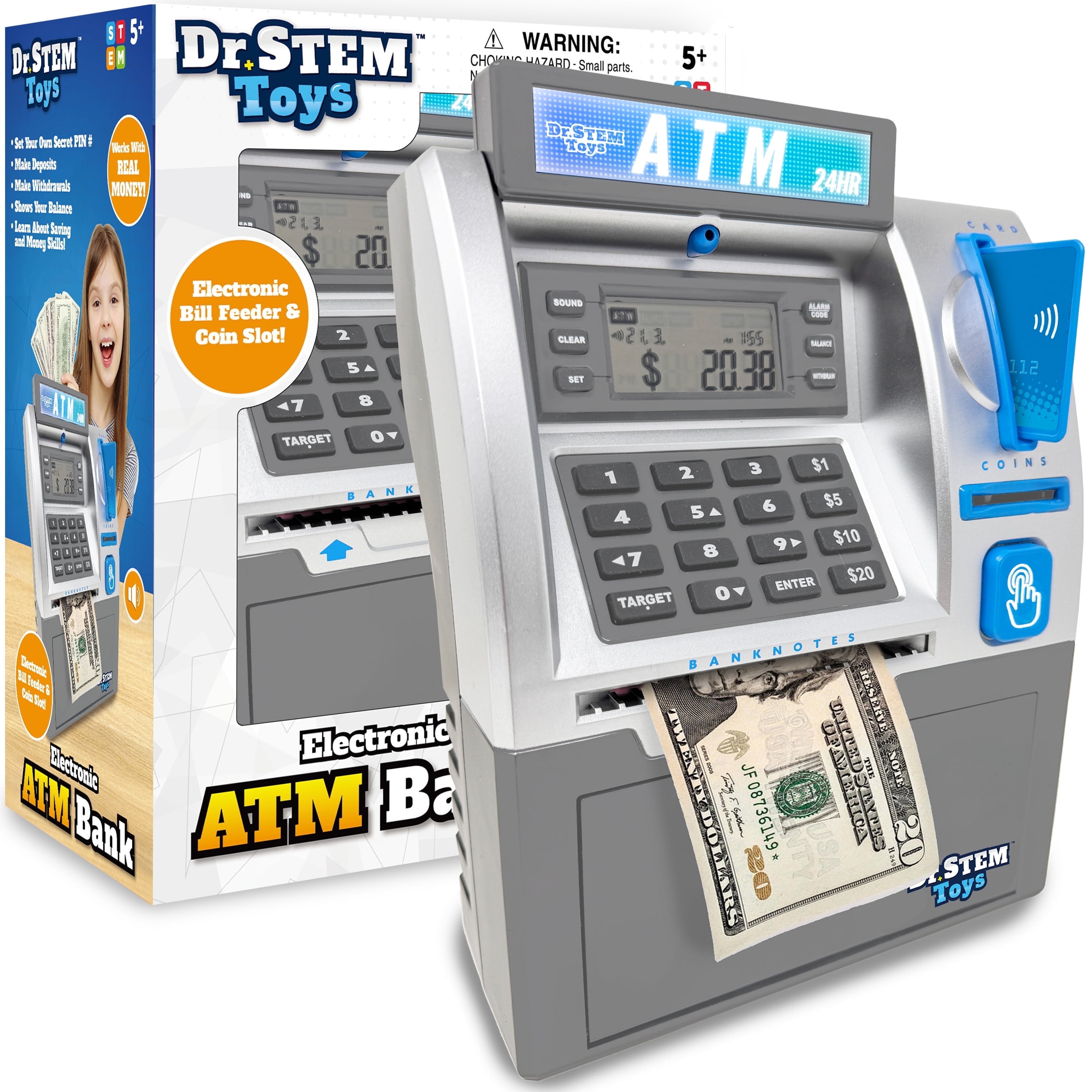Dr. STEM: Electronic ATM Bank - Real Money Savings Piggy Bank Toy, LCD Digital Screen, Bill Feeder & Coin Counter, Pin Entry, STEM Learning, Kids 5+