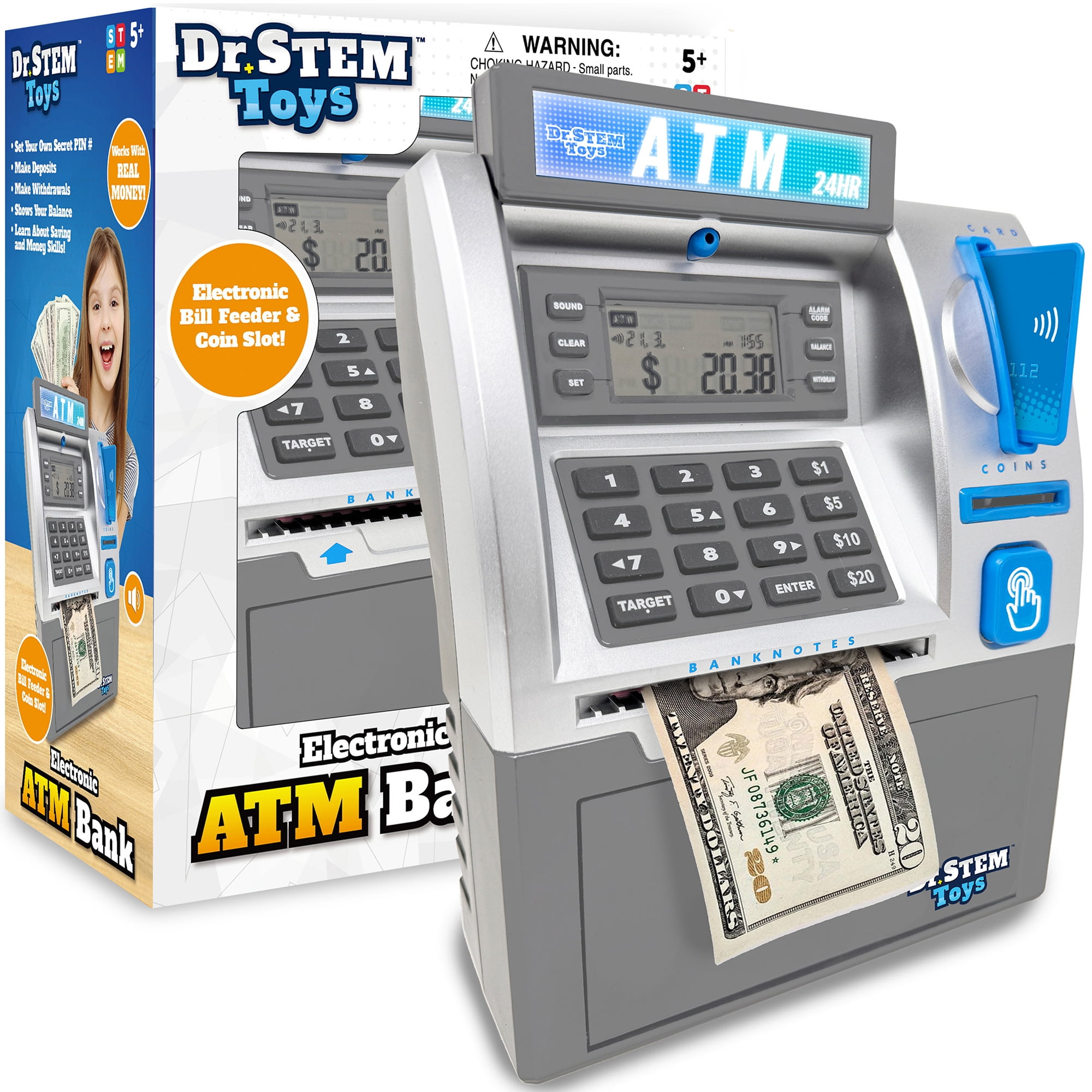 Dr. STEM: Electronic ATM Bank - Real Money Savings Piggy Bank Toy, LCD Digital Screen, Bill Feeder & Coin Counter, Pin Entry, STEM Learning, Kids 5+