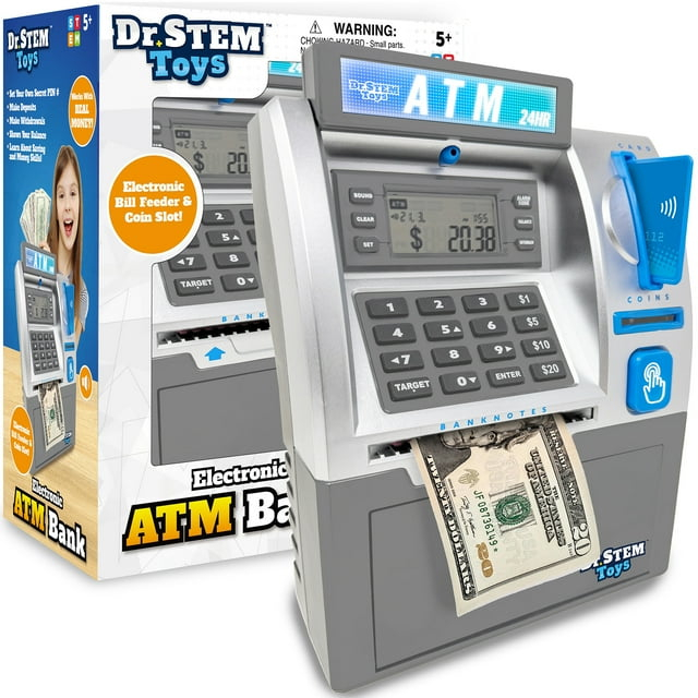 Dr. STEM: Electronic ATM Bank - Real Money Savings Piggy Bank Toy, LCD Digital Screen, Bill Feeder & Coin Counter, Pin Entry, STEM Learning, Kids 5+