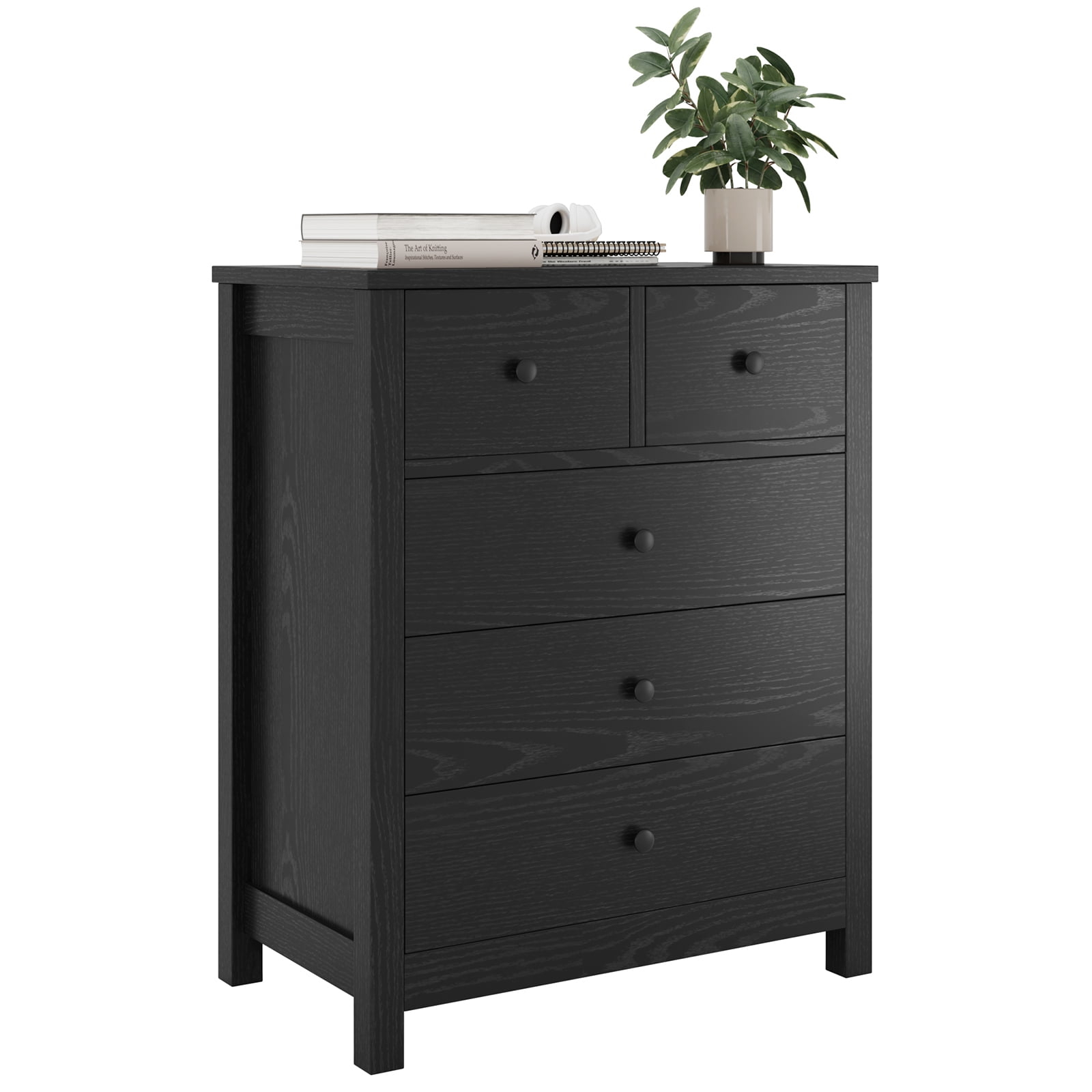 Drawer Chest Dresser with Metal Round Handle, Wood Nightstand with 5 Storage Drawers