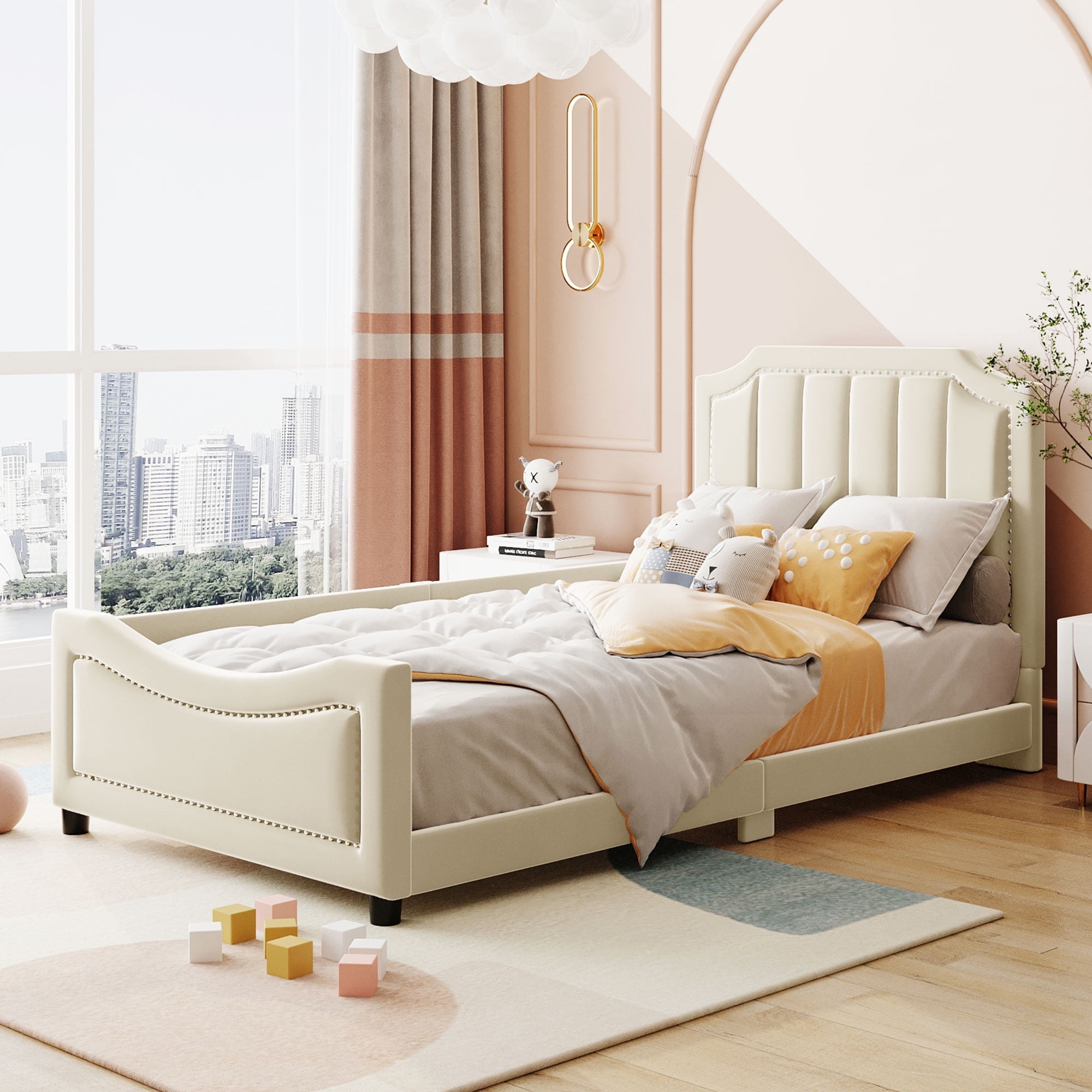 DreamBuck Kids Upholstered Twin Bed Frame, Lovely Velvet Upholstered Daybed with Classic Stripe Shaped Headboard, Wood Twin Daybed for Girls, Boys, Teens, No Box Spring Needed, Noise Free, Beige