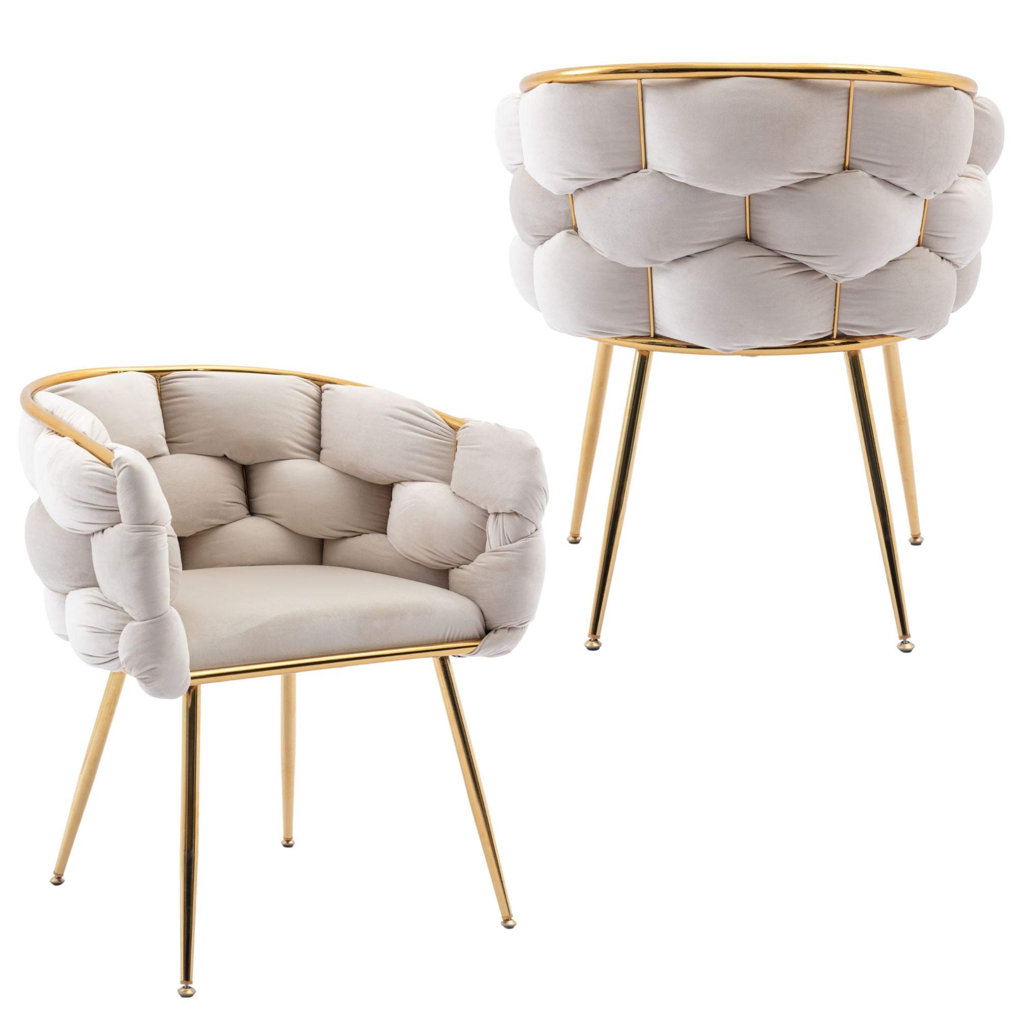 Set of 2 Luxury Velvet Accent Chair, Modern Single Sofa with Upholstered Backrest, Vanity Chairs with Metal Base, Office Armchair Makeup Chair for Bedroom, Living Room, Beige