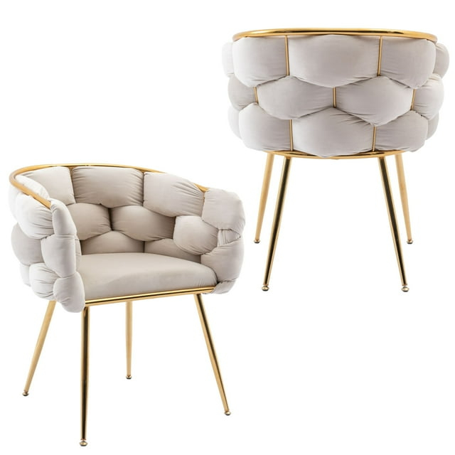 Set of 2 Luxury Velvet Accent Chair, Modern Single Sofa with Upholstered Backrest, Vanity Chairs with Metal Base, Office Armchair Makeup Chair for Bedroom, Living Room, Beige