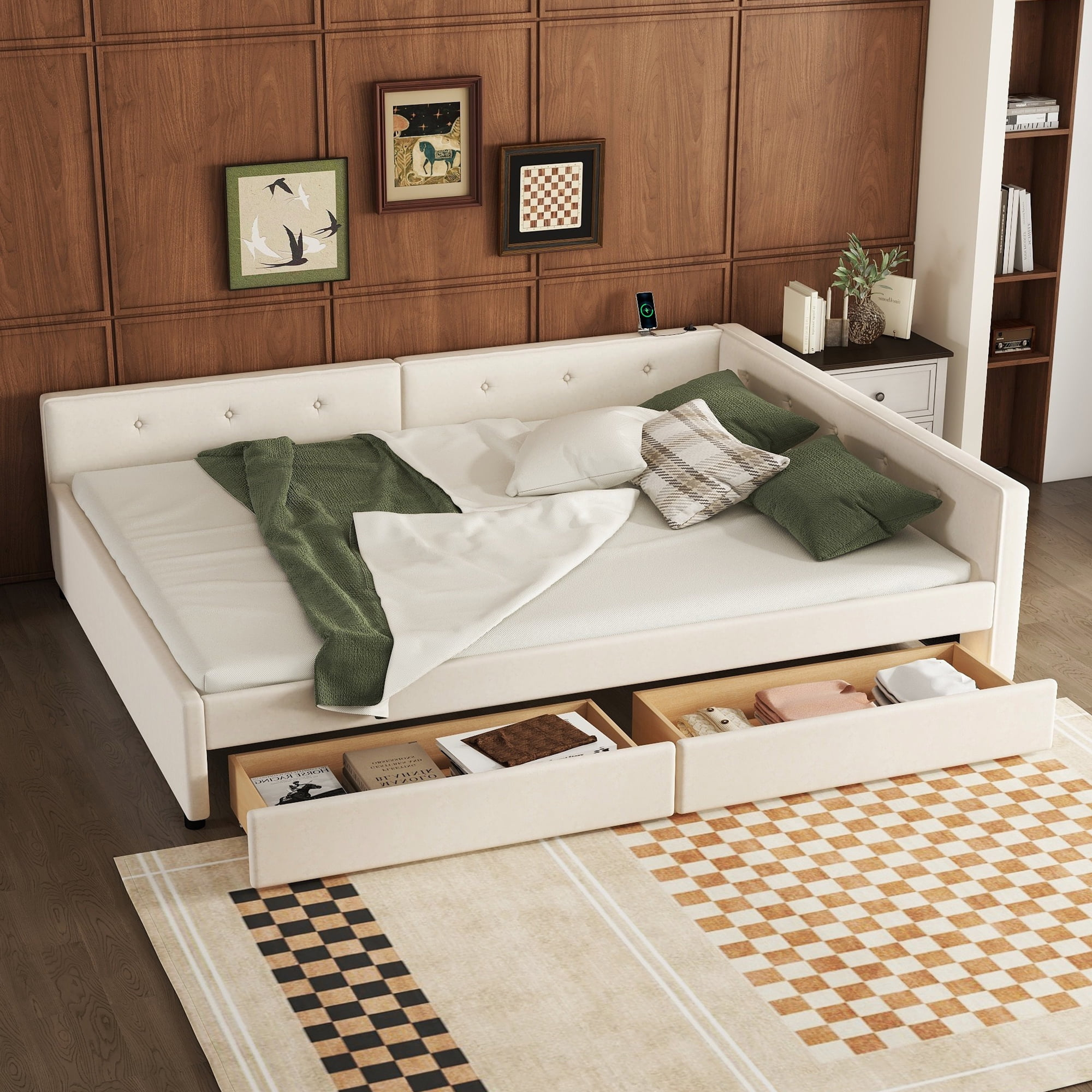 DreamBuck Queen Size Daybed with 2 Drawers, Wood Upholstered Bed Frame with USB Port and Storage, Linen Fabric Daybed, Queen Bed Frames for Bedroom, Living Room, No Box Spring Needed