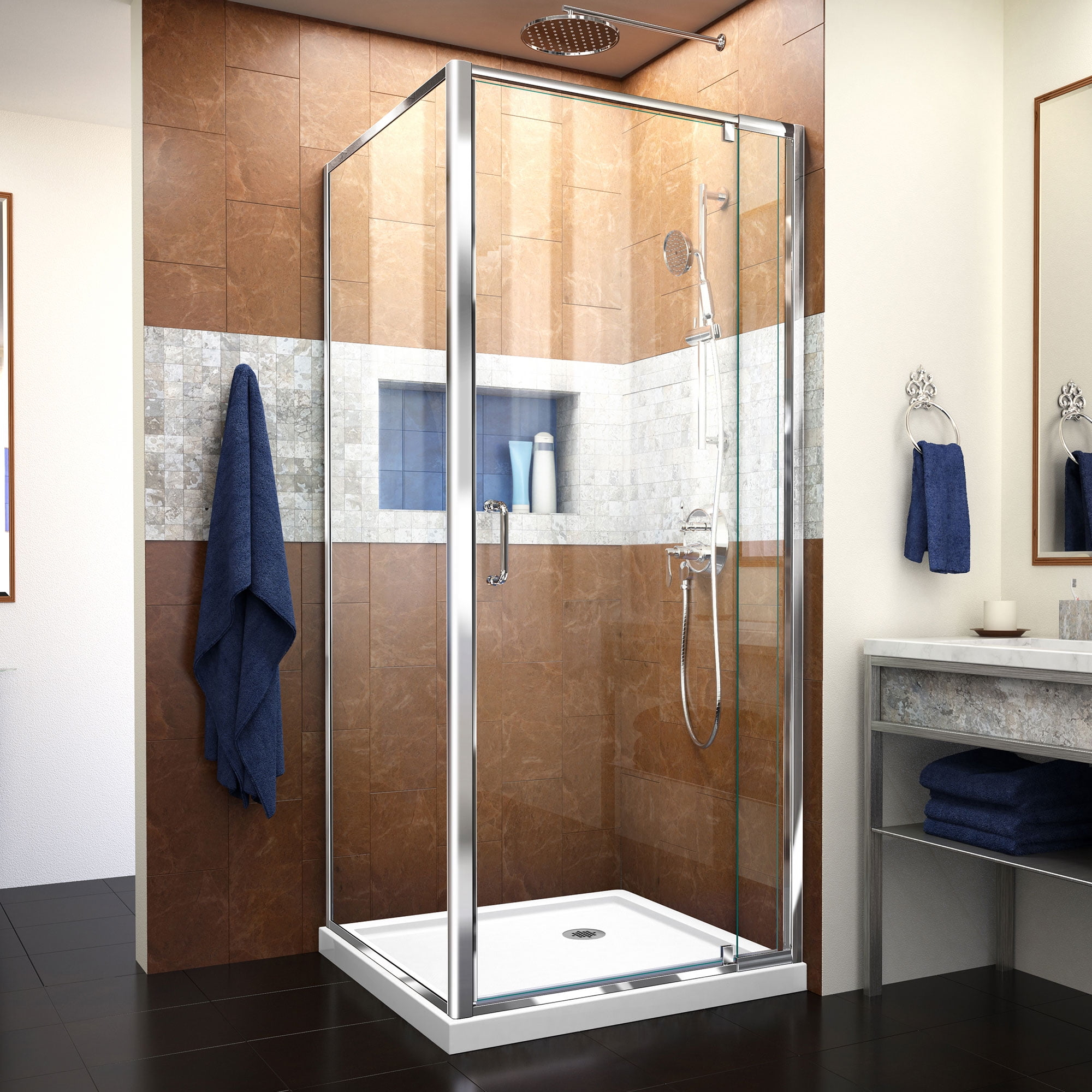 DreamLine Flex 32 in. D x 32 in. W x 74 3/4 in. H Semi-Frameless Pivot Shower Enclosure in Chrome with Corner Drain White Base
