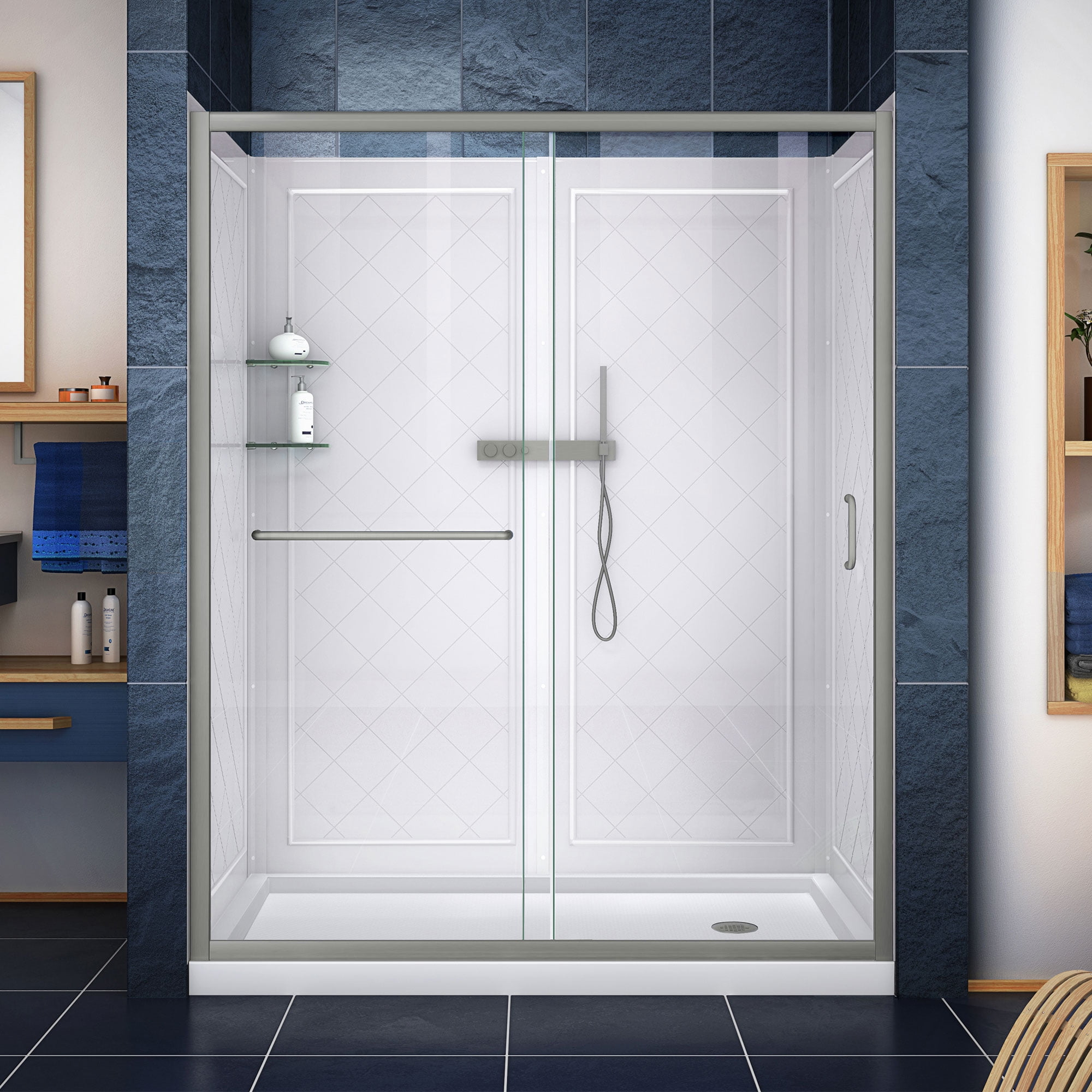 DreamLine Infinity-Z 32 in. D x 60 in. W x 76 3/4 in. H Clear Sliding Shower Door in Brushed Nickel, Right Drain Base, Backwalls