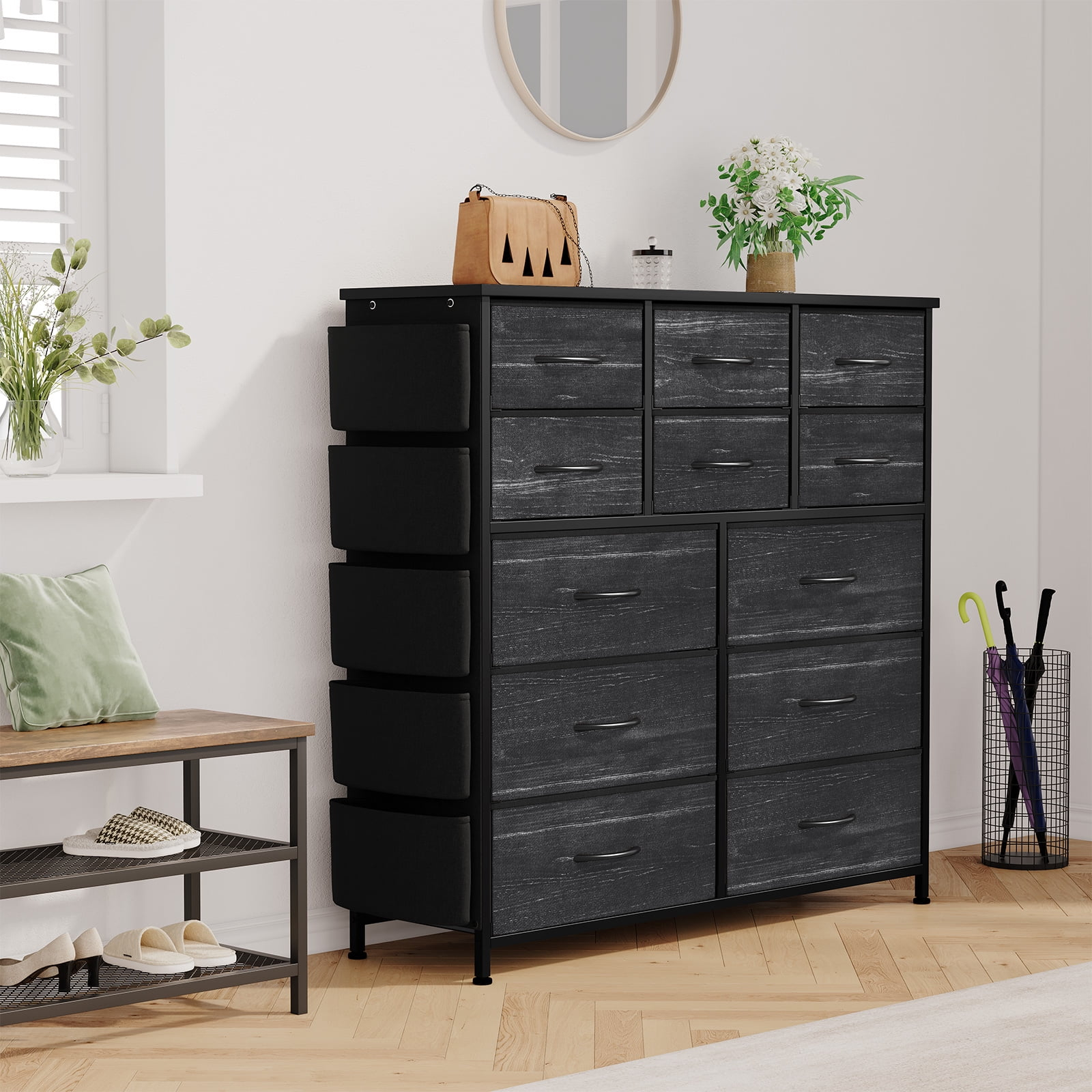 AOWOS Cómoda de 12 Cajones para Dormitorio, Torre de Almacenamiento de Tela, Cómoda Negra con Tapa de Madera, Estructura de Acero Resistente, Unidad Organizadora de Almacenamiento