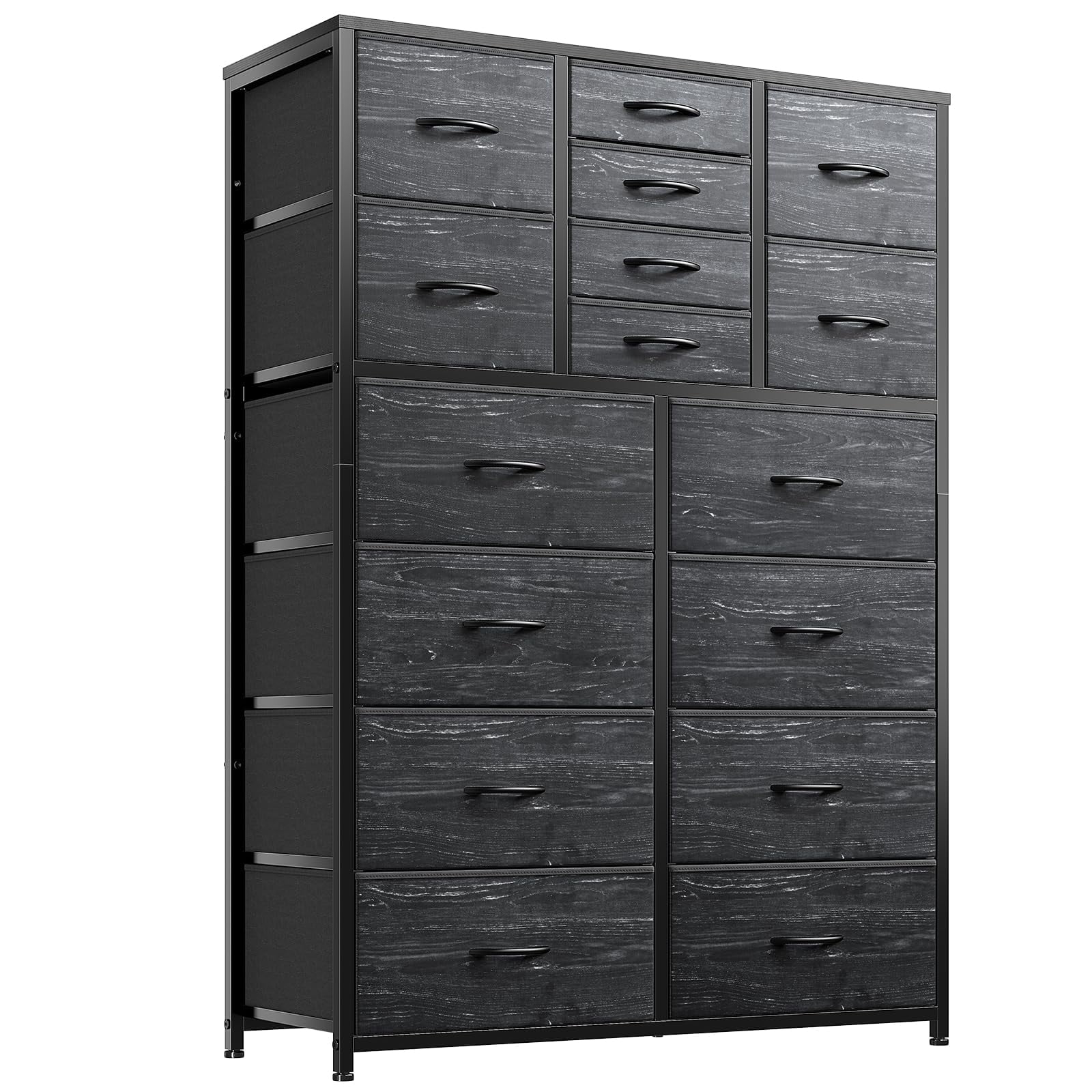 Dresser, Black Dresser, Wood Top, Metal Frame High Dresser and Chest of Drawers for Bedroom and Entryway, Bedroom High Dresser with 16 Drawers, Black